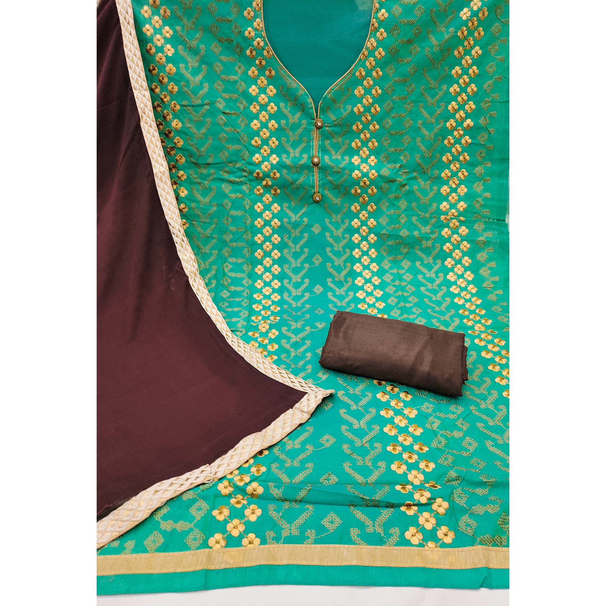 Turquoise Ensemble In Chanderi Silk Dress Material Adorned With Graceful Floral Thread Embroidery