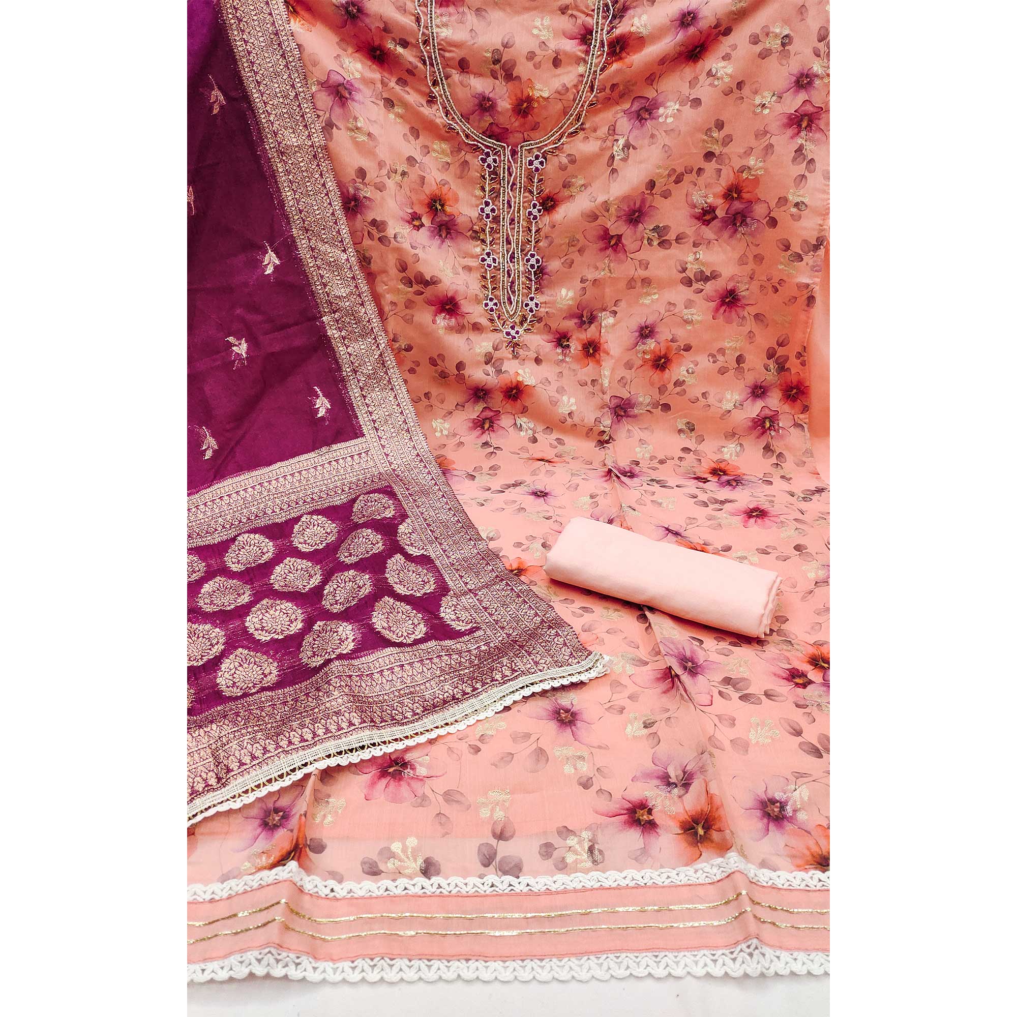 Peach Floral Digital Printed Banarasi Chanderi Silk Dress Material Enhanced With Hand Work