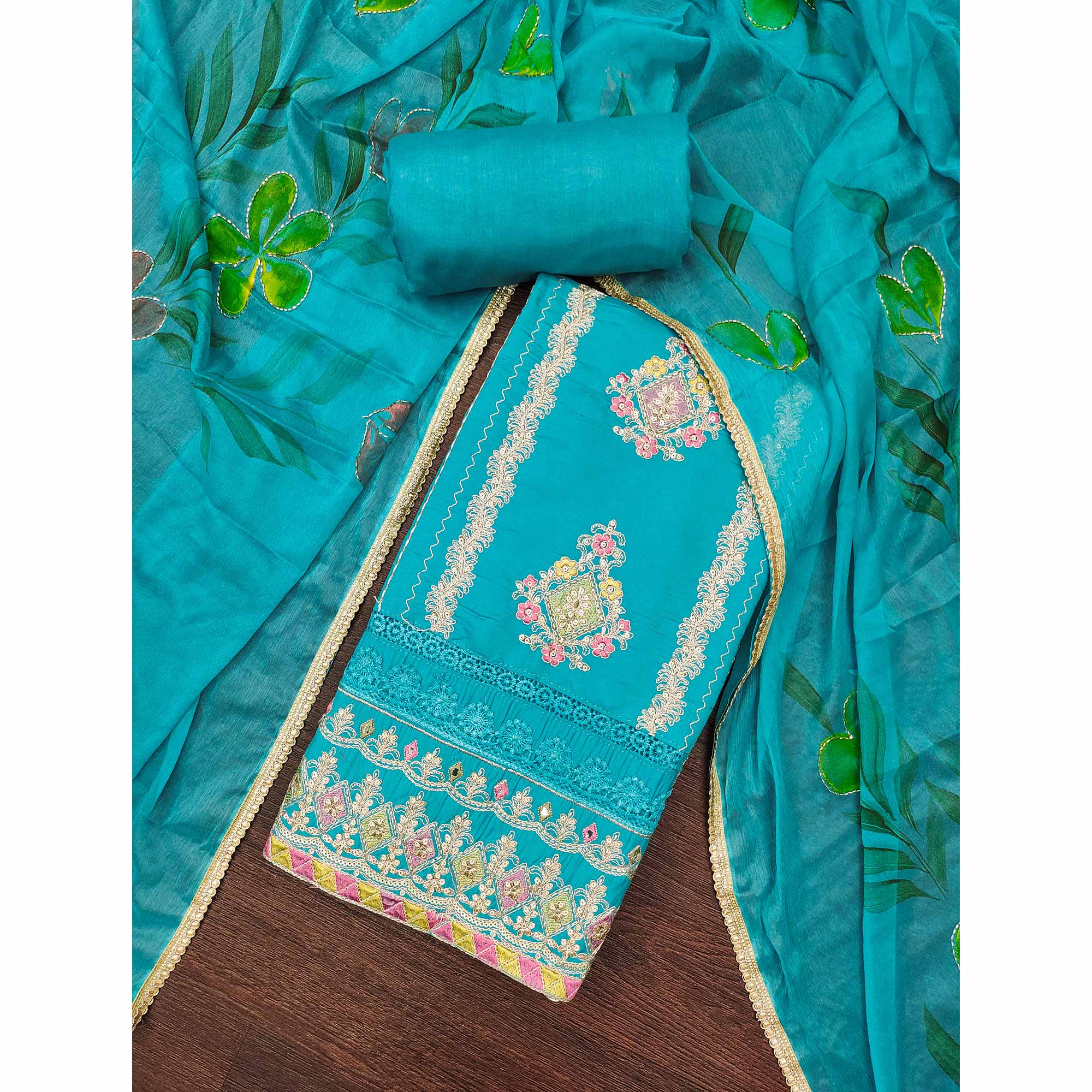 Blue Cotton Silk Dress Material Enhanced With Exquisite Floral Cording Embroidery & Sequins Work