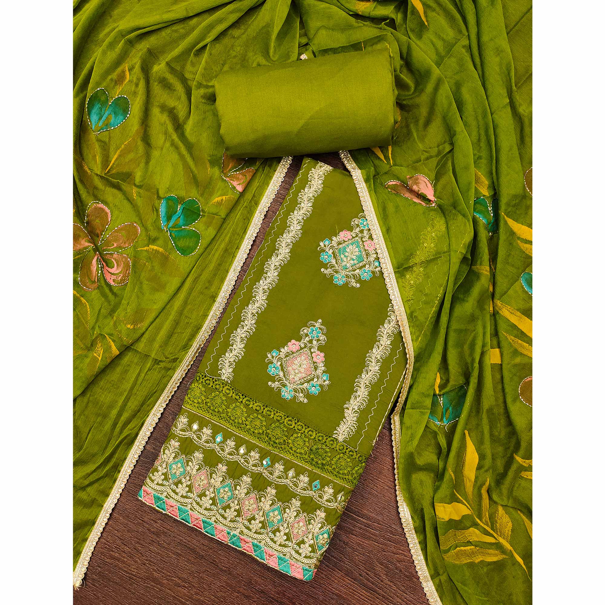 Green Cotton Silk Dress Material Enhanced With Exquisite Floral Cording Embroidery & Sequins Work