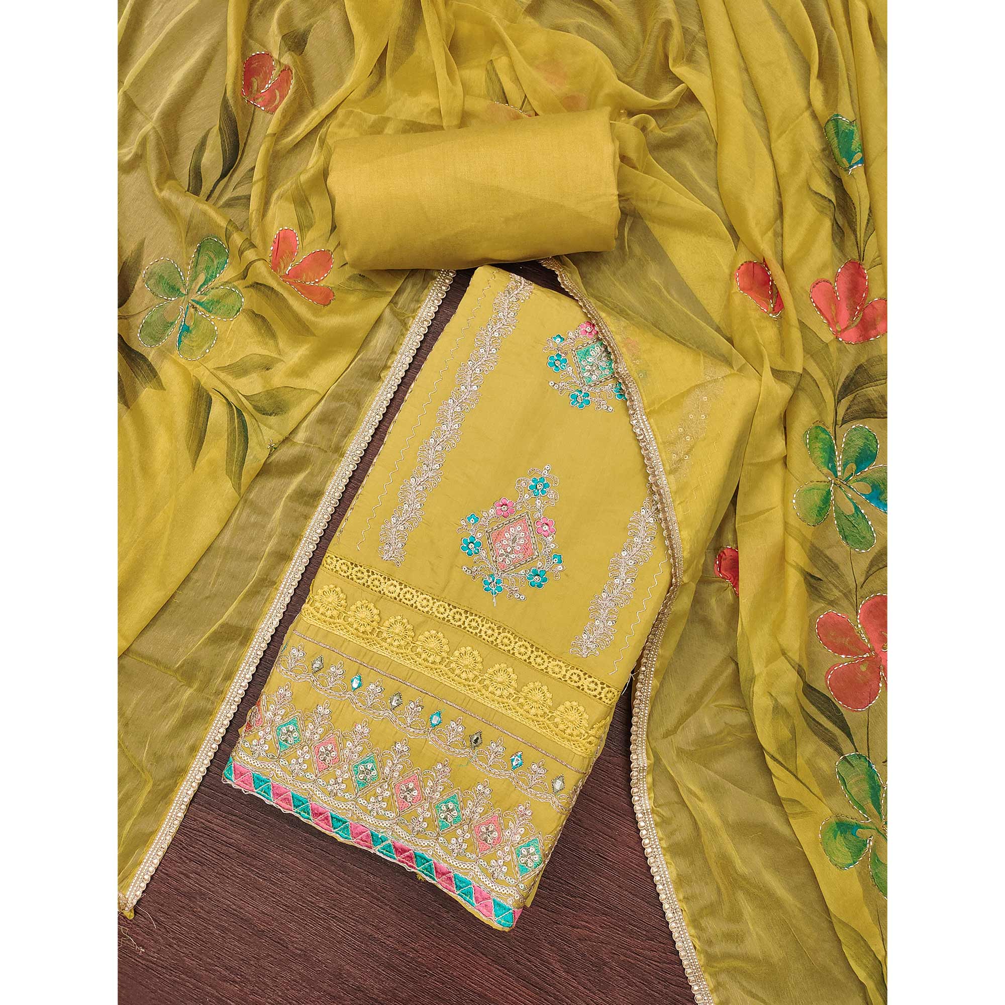 Mustard Cotton Silk Dress Material Enhanced With Exquisite Floral Cording Embroidery & Sequins Work