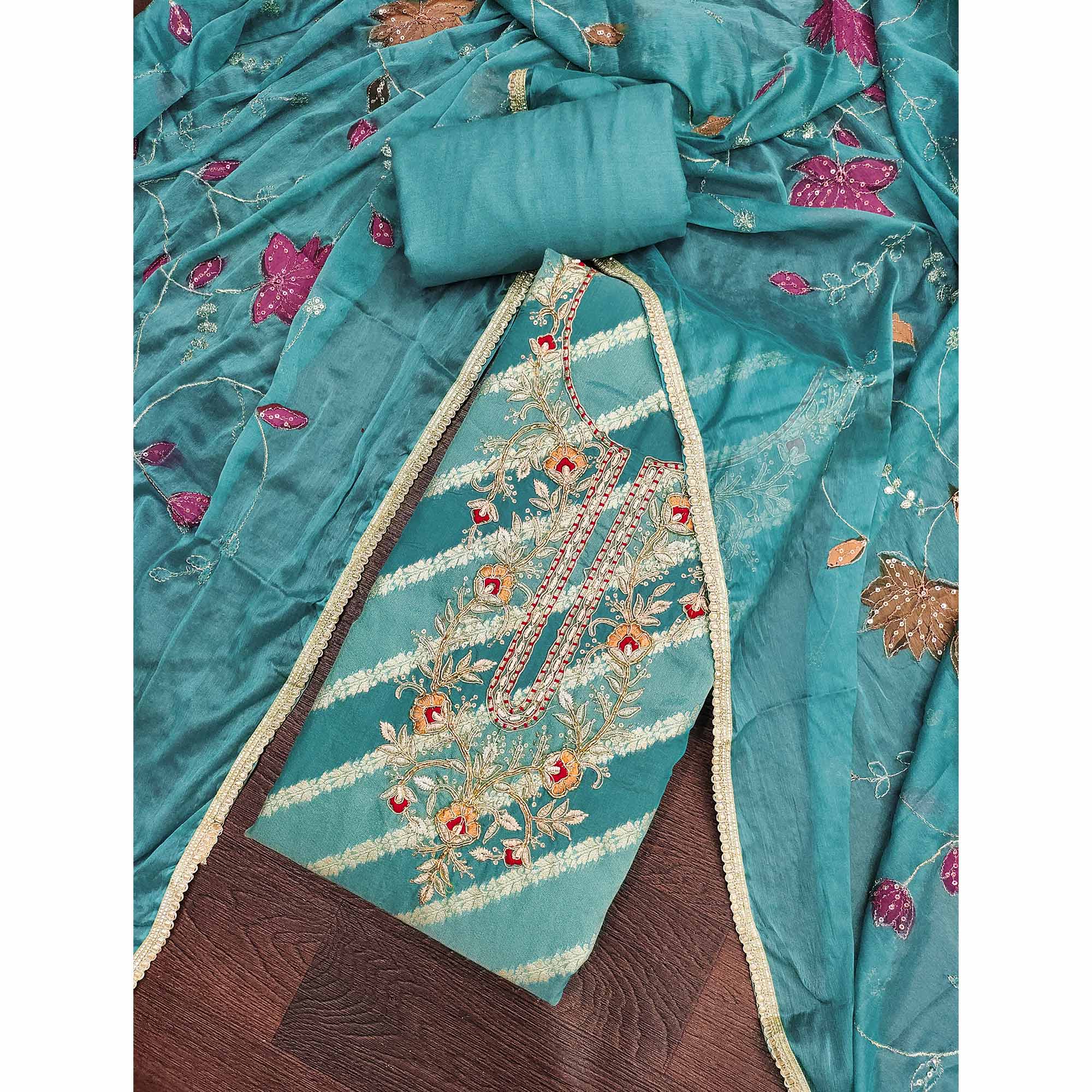 Blue Floral Zari Weaving & Sequins With Handwork Embellished Shimmer Dress Material