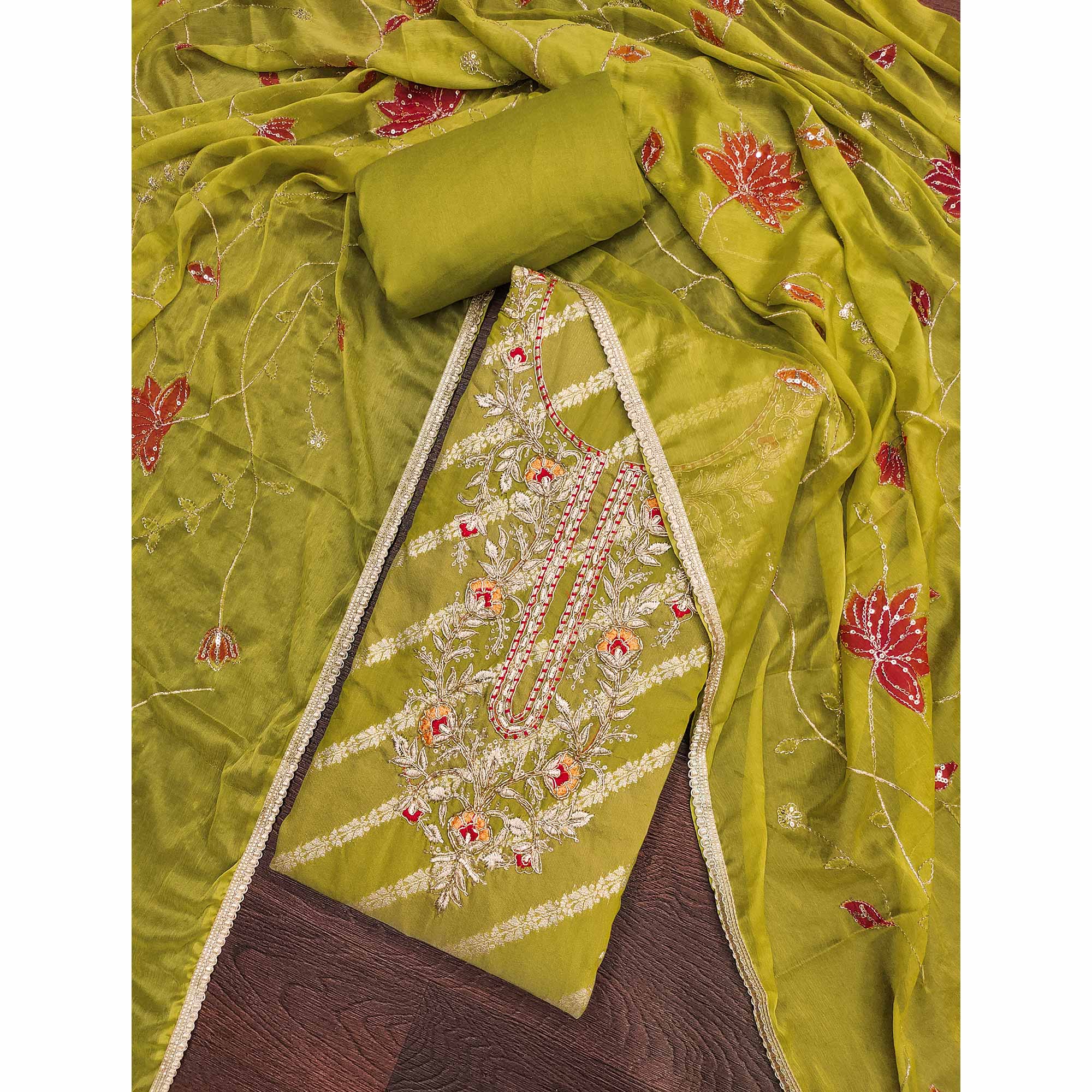 Green Floral Zari Weaving & Sequins With Handwork Embellished Shimmer Dress Material