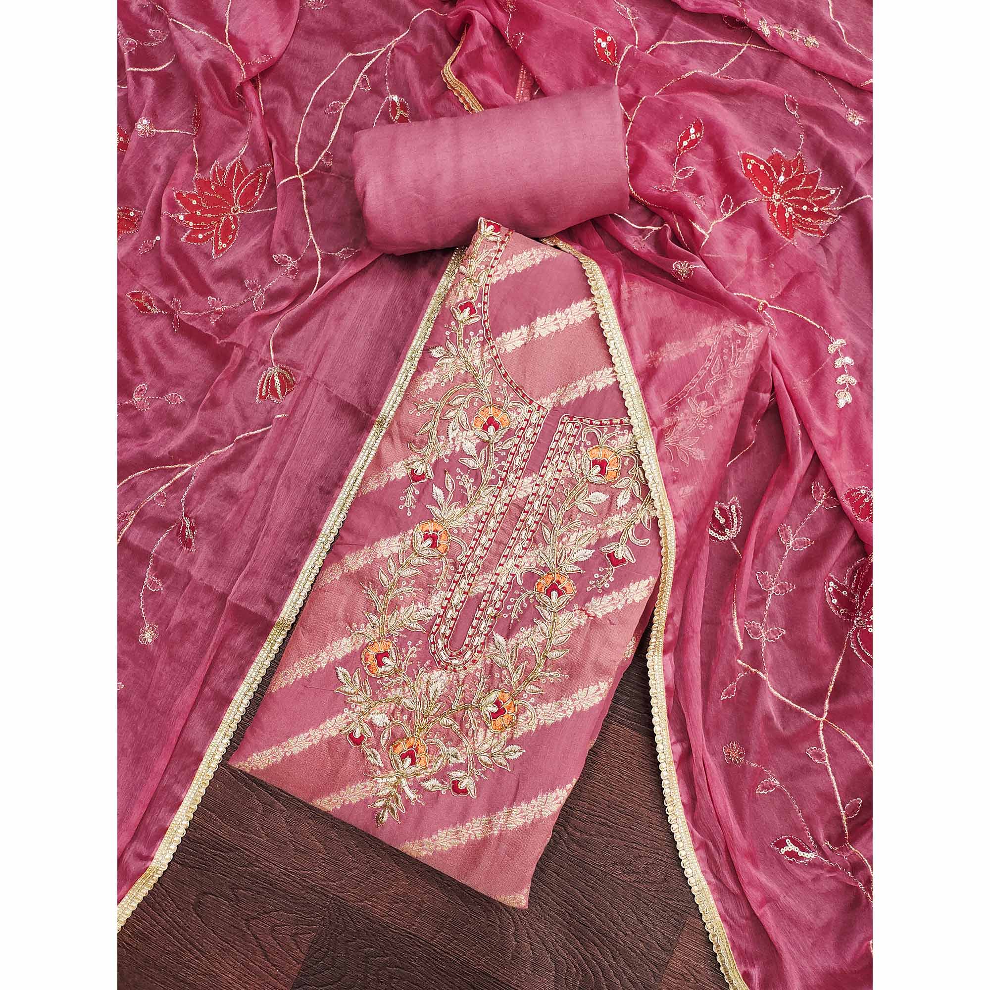 Pink Floral Zari Weaving & Sequins With Handwork Embellished Shimmer Dress Material