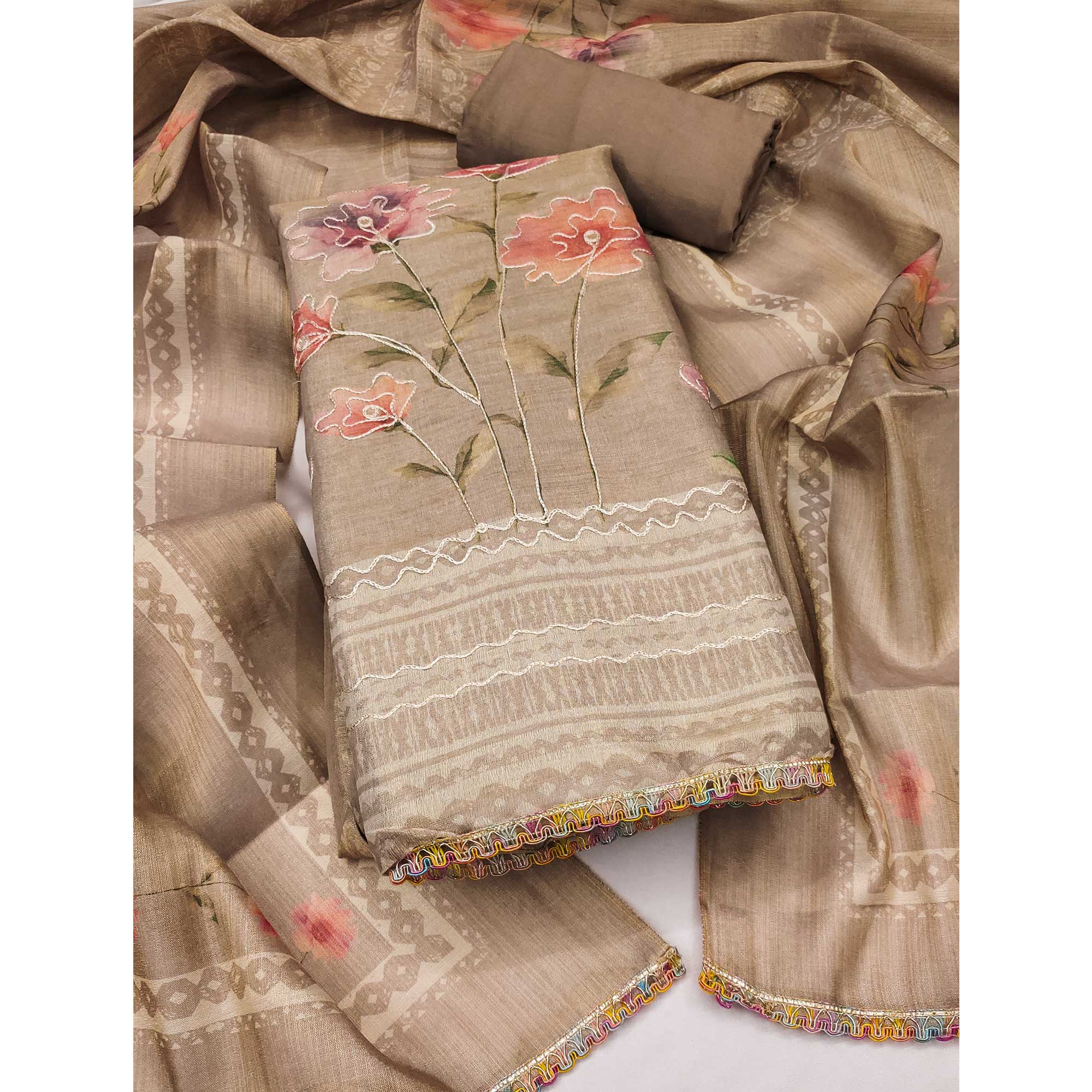 Chikoo Floral Digital Printed With Embroidered Cotton Silk Dress Material For Traditional Look