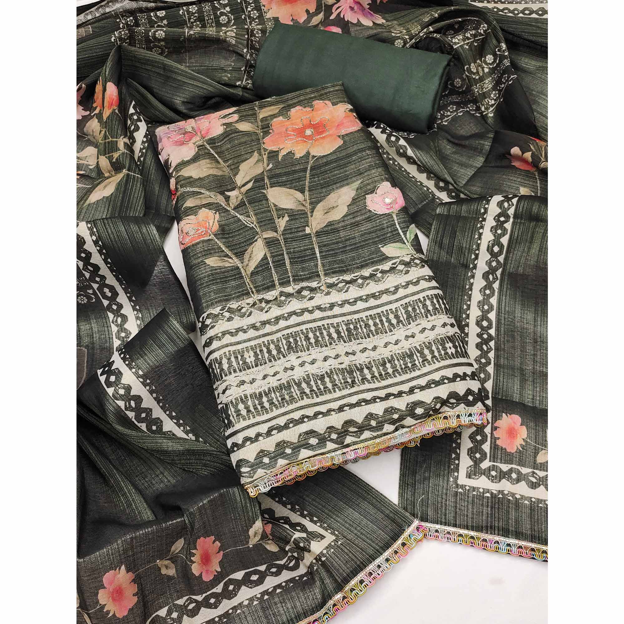 Green Floral Digital Printed With Embroidered Cotton Silk Dress Material For Traditional Look