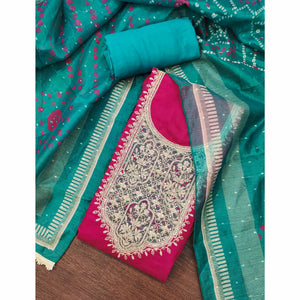 Pink Unstitched Dress Material in Cotton Blend with Elegant Sequins & Floral Embroidery