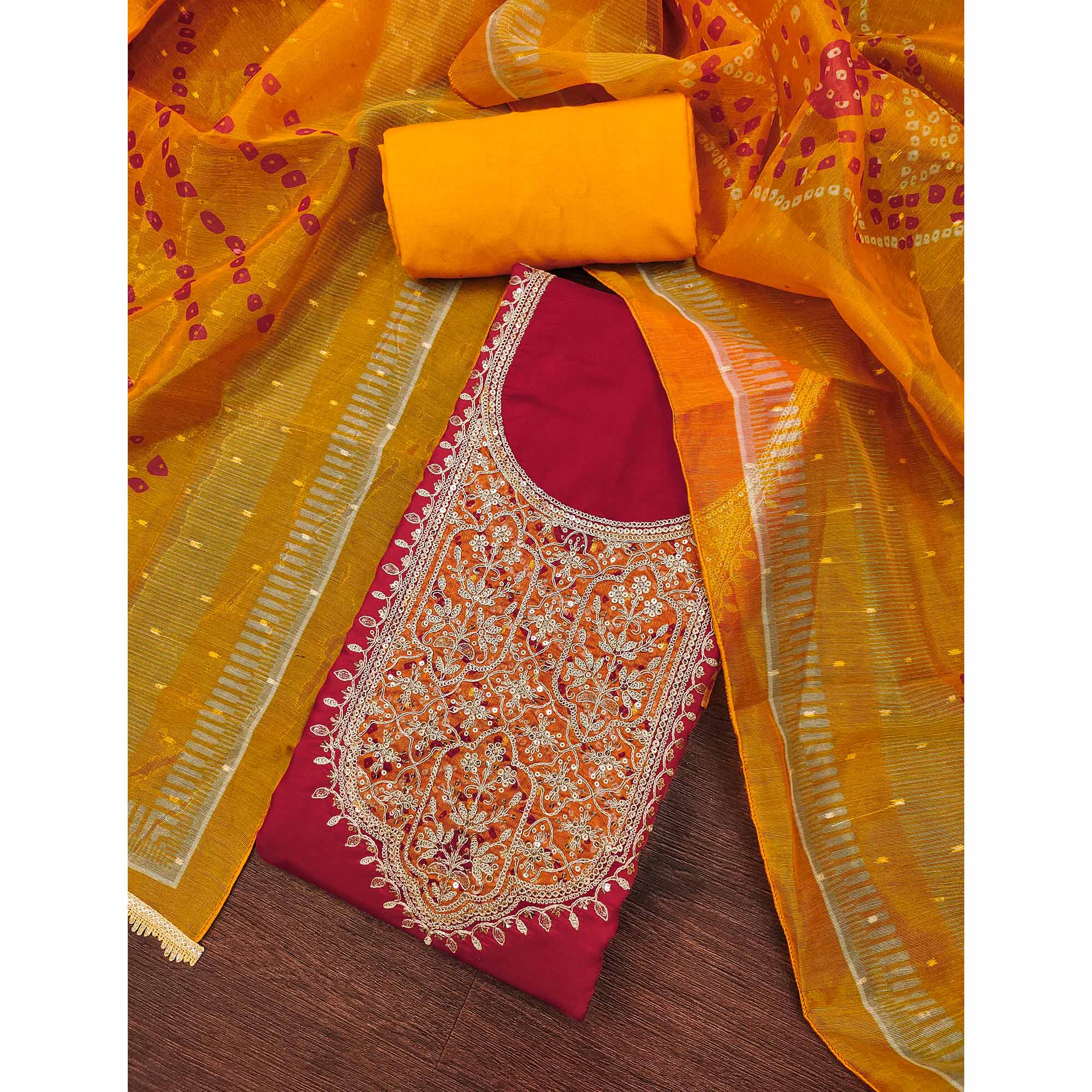 Red Unstitched Dress Material in Cotton Blend with Elegant Sequins & Floral Embroidery