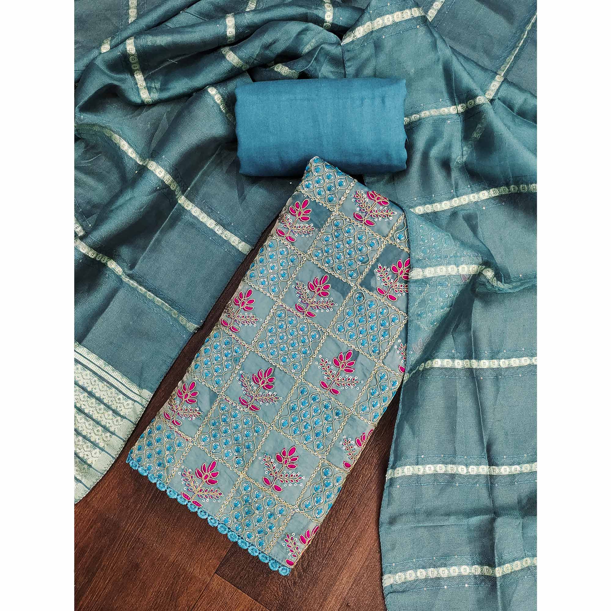 Blue Floral Thread Embroidered Viscose Dress Material With Sequins For Sophisticated Ethnic Style