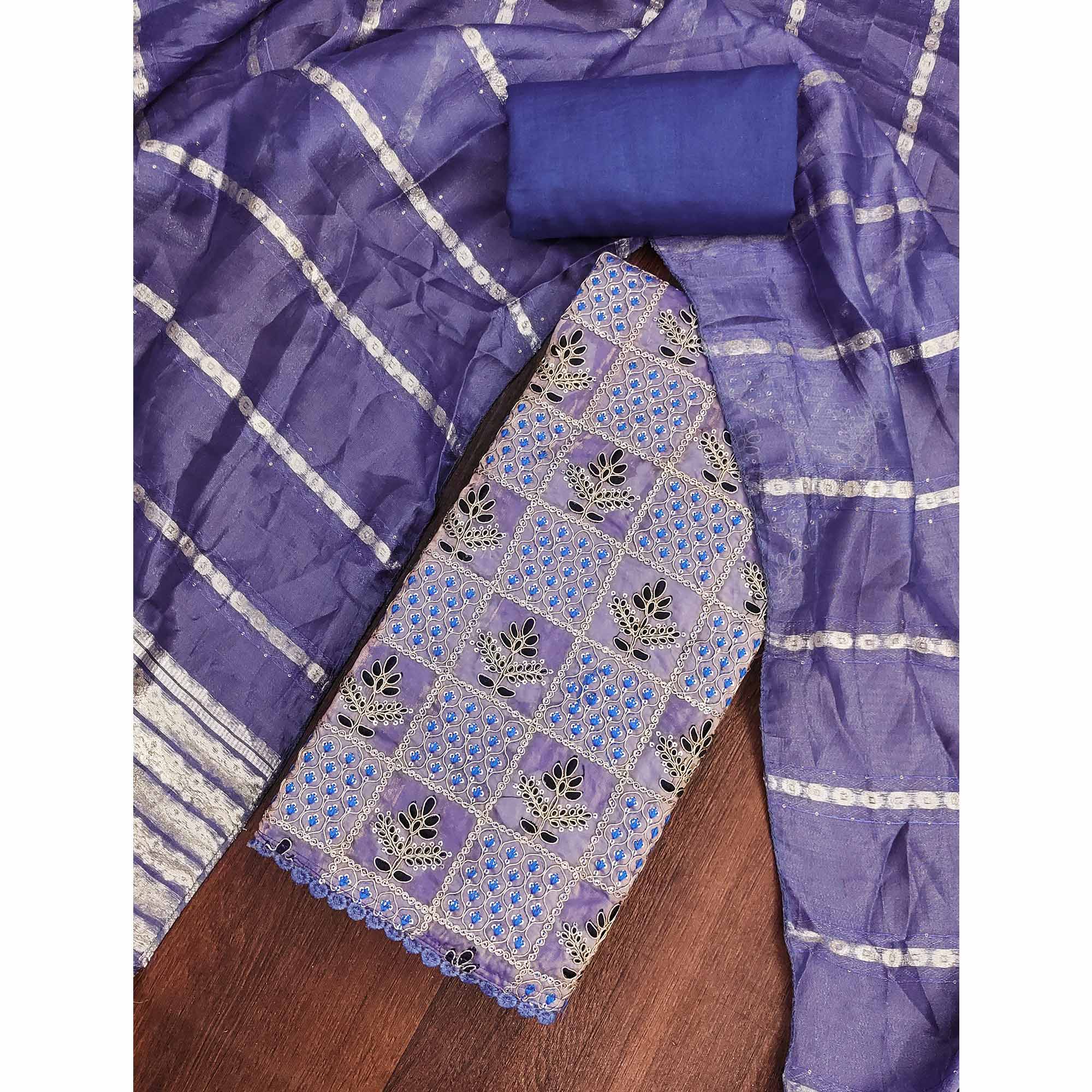 Lavender Floral Thread Embroidered Viscose Dress Material With Sequins For Sophisticated Style