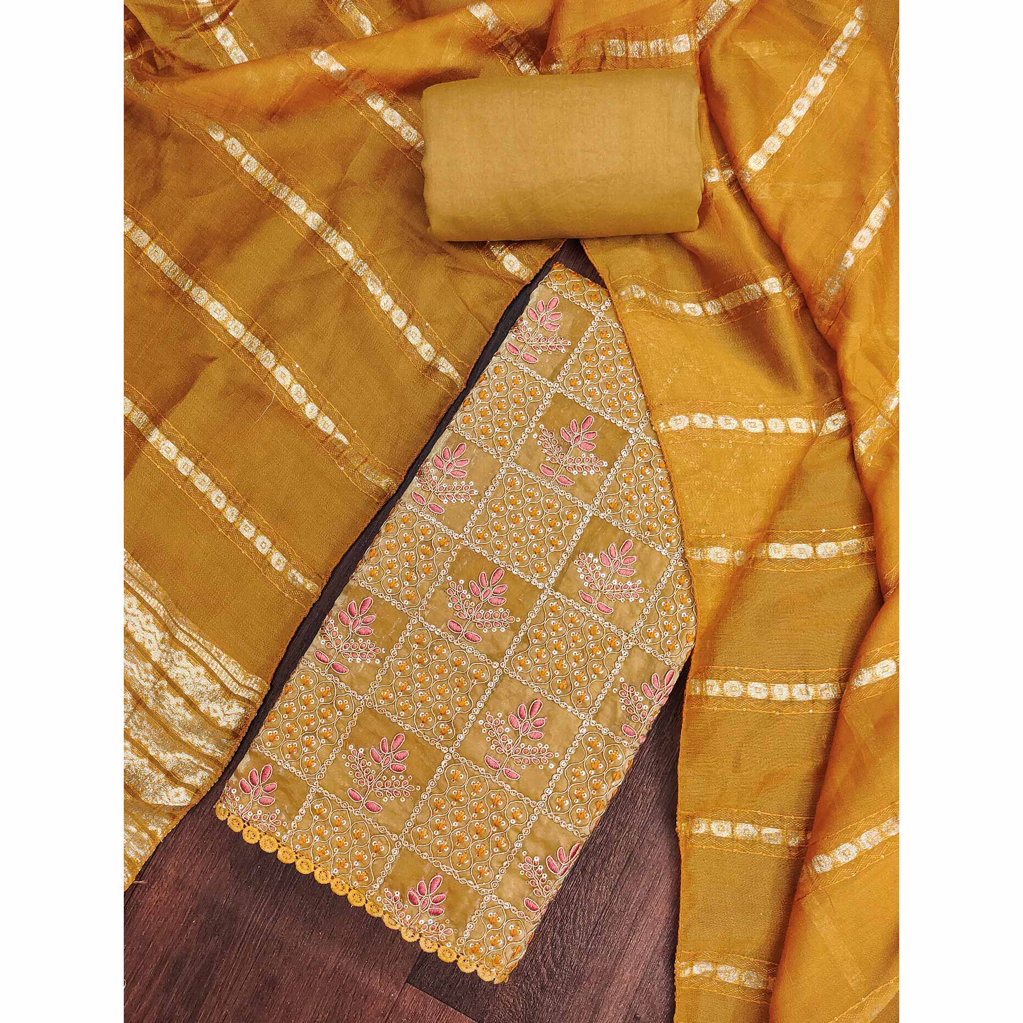 Mustard Floral Thread Embroidered Viscose Dress Material With Sequins For Sophisticated Style