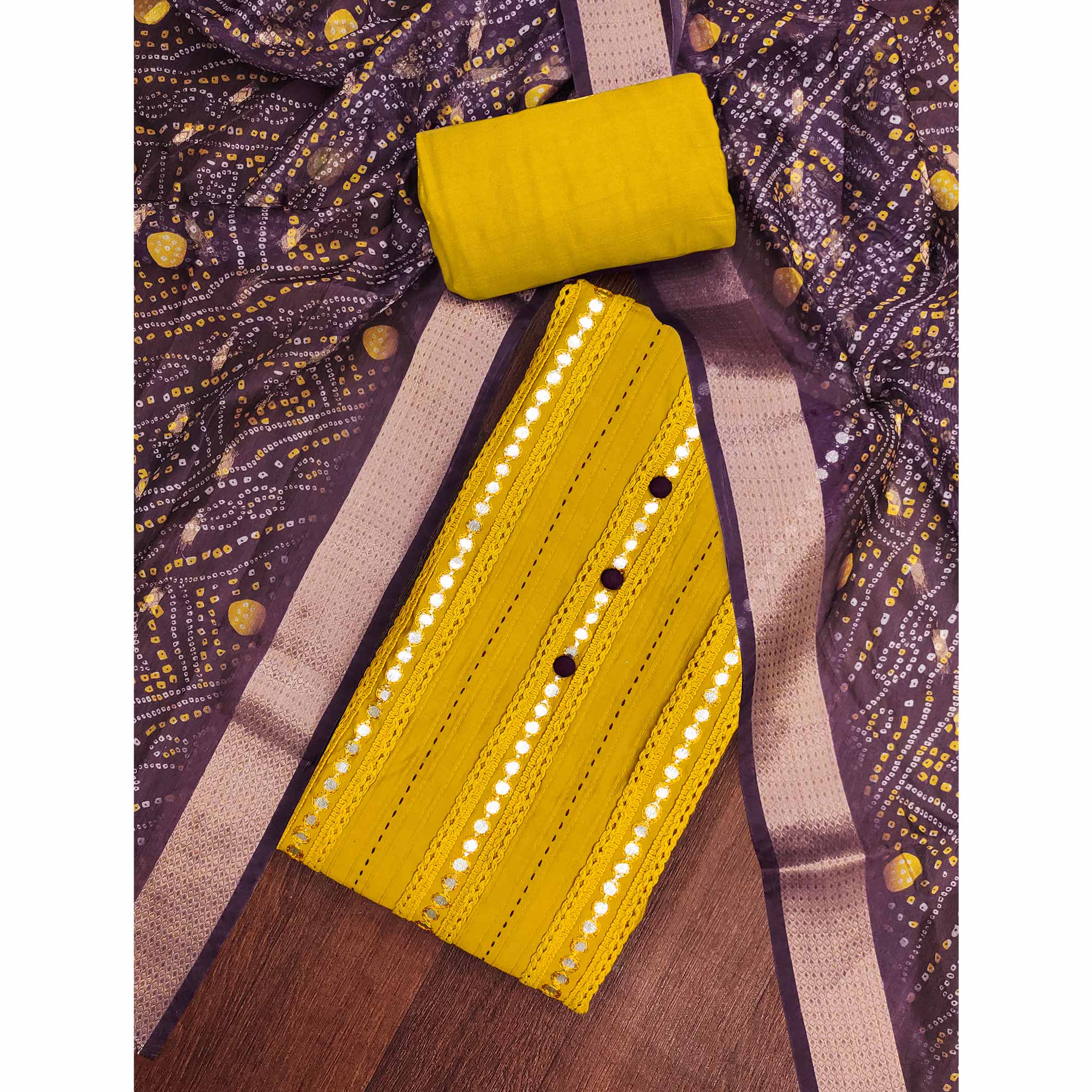 Mustard Cotton Silk Dress Material Enhanced With Intricate Thread Embroidery & Gota Patti Work