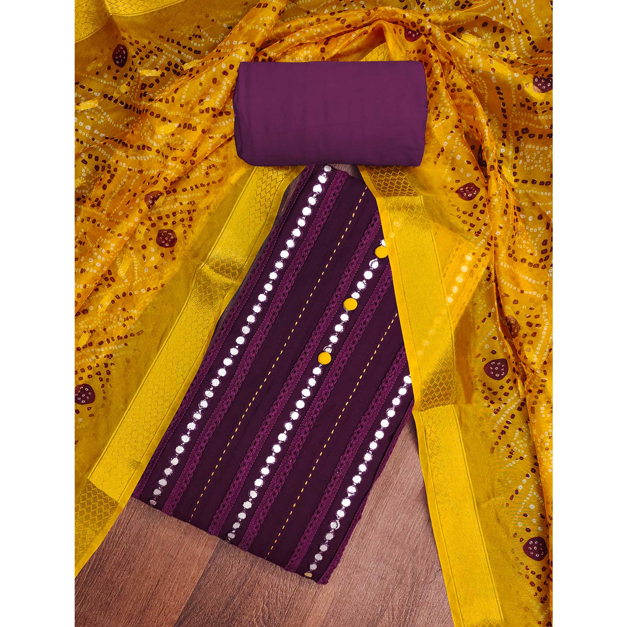 Wine Cotton Silk Dress Material Enhanced With Intricate Thread Embroidery & Gota Patti Work