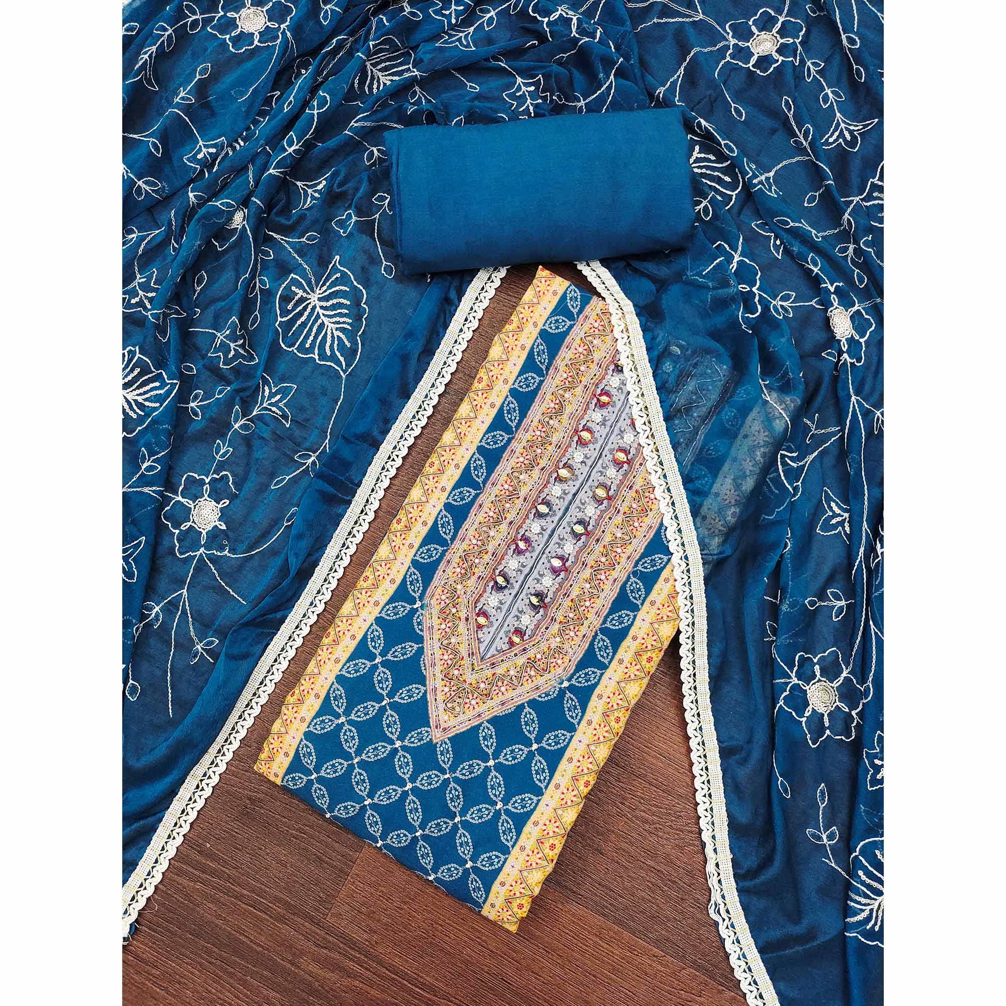 Blue & Orange Pure Cotton Dress Material With Digital Prints & Elegant Moti Handwork Accents