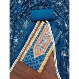 Blue & Orange Pure Cotton Dress Material With Digital Prints & Elegant Moti Handwork Accents