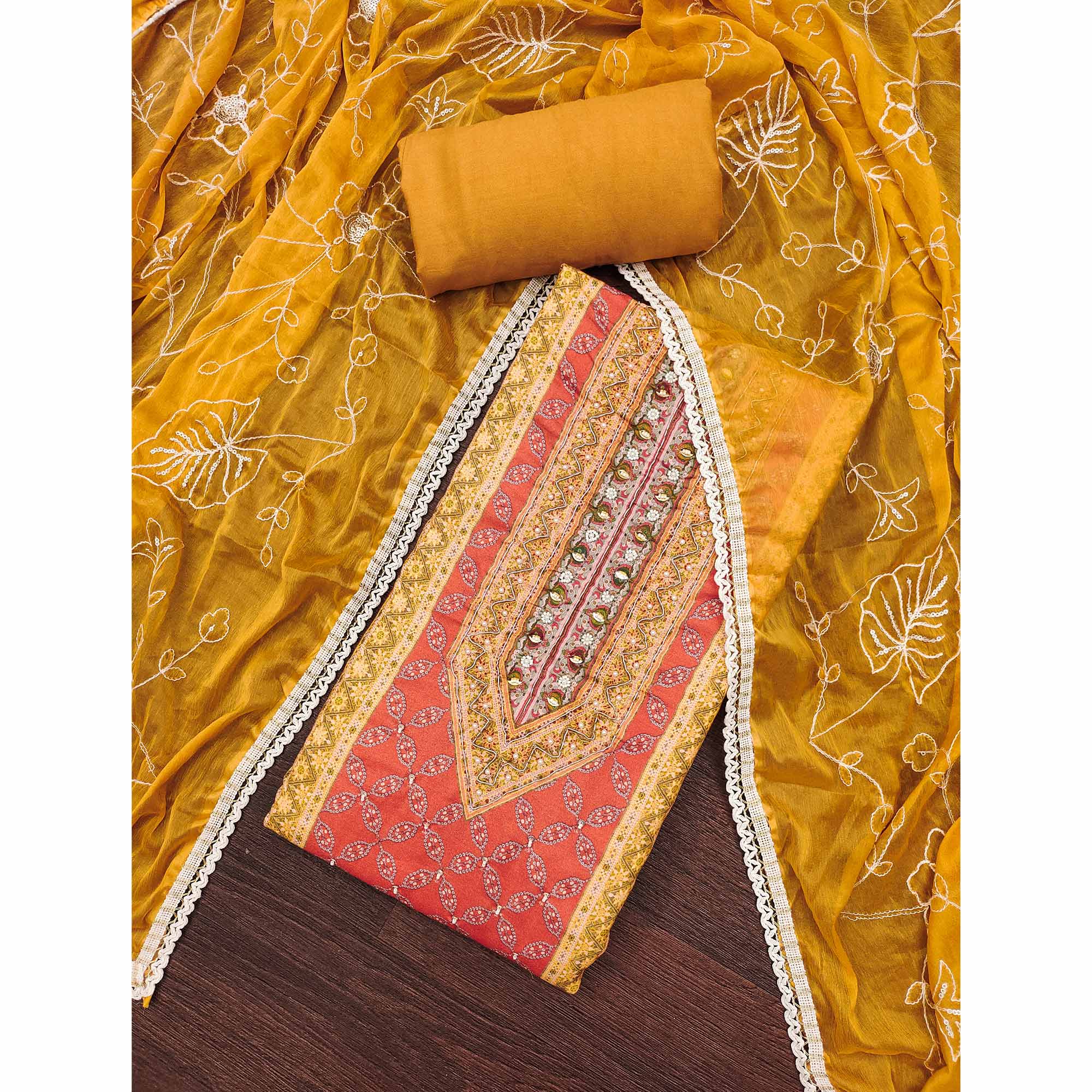 Mustard & Orange Pure Cotton Dress Material With Digital Prints & Elegant Moti Handwork Accents