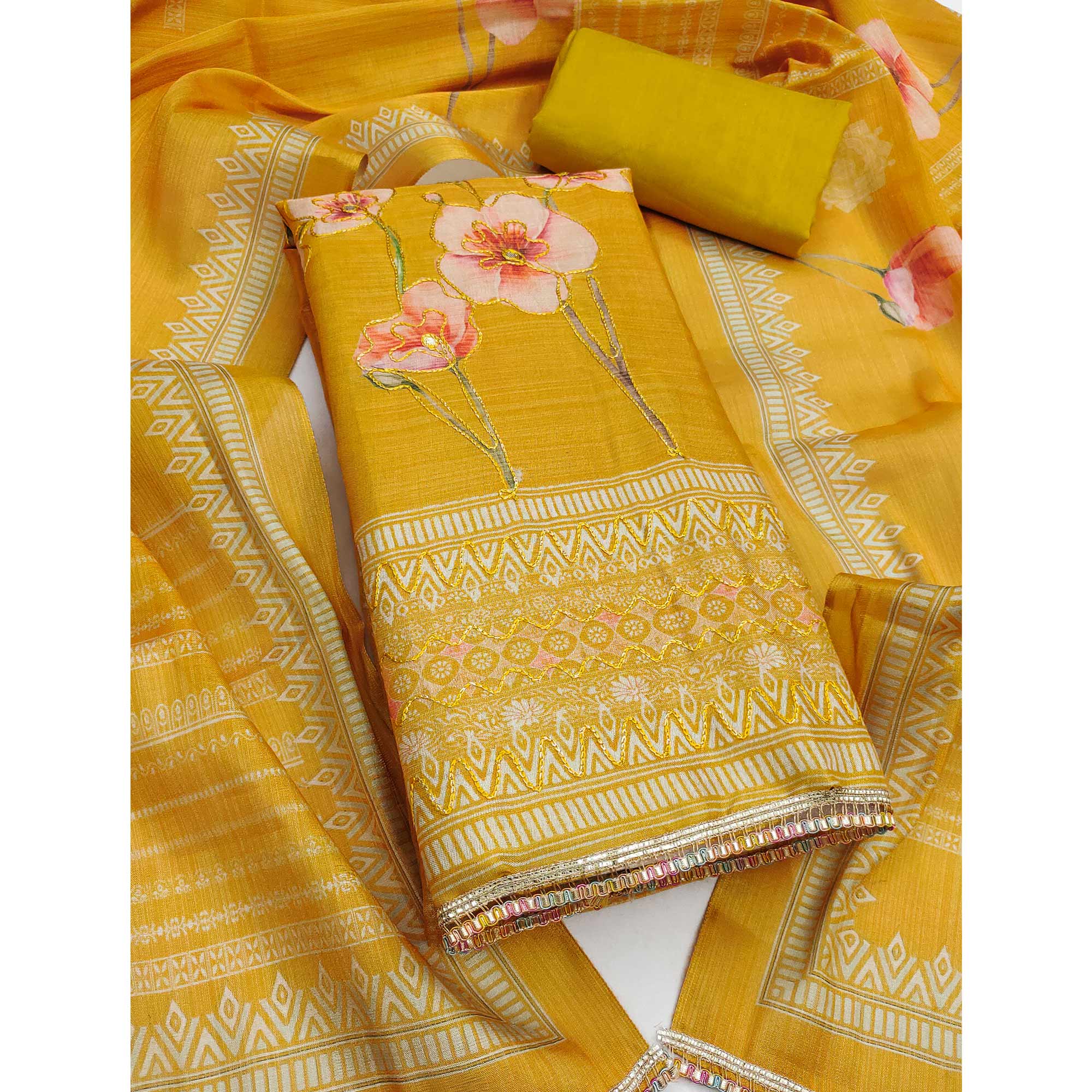 Mustard Cotton Silk Dress Material Enhanced With Blooming Floral Digital Prints & Elegant Embroidery