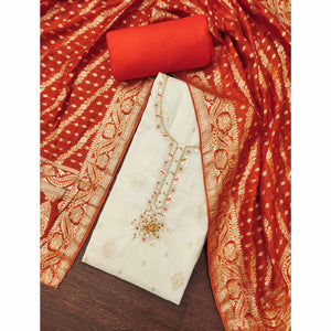 Off White & Orange Beads Work Cotton Silk Dress Material in Weaving Style