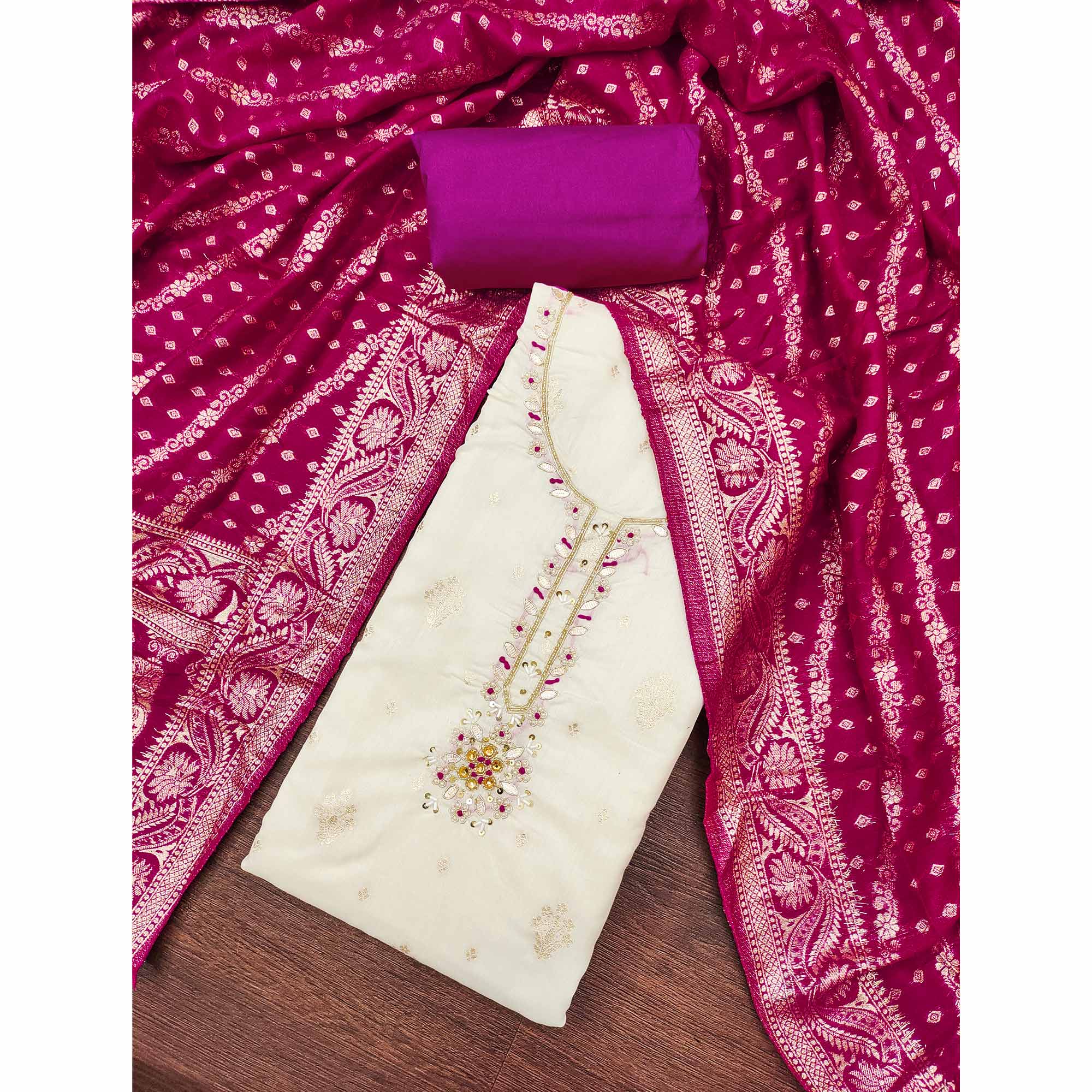 Off White & Pink Beads Work Cotton Silk Dress Material in Weaving Style