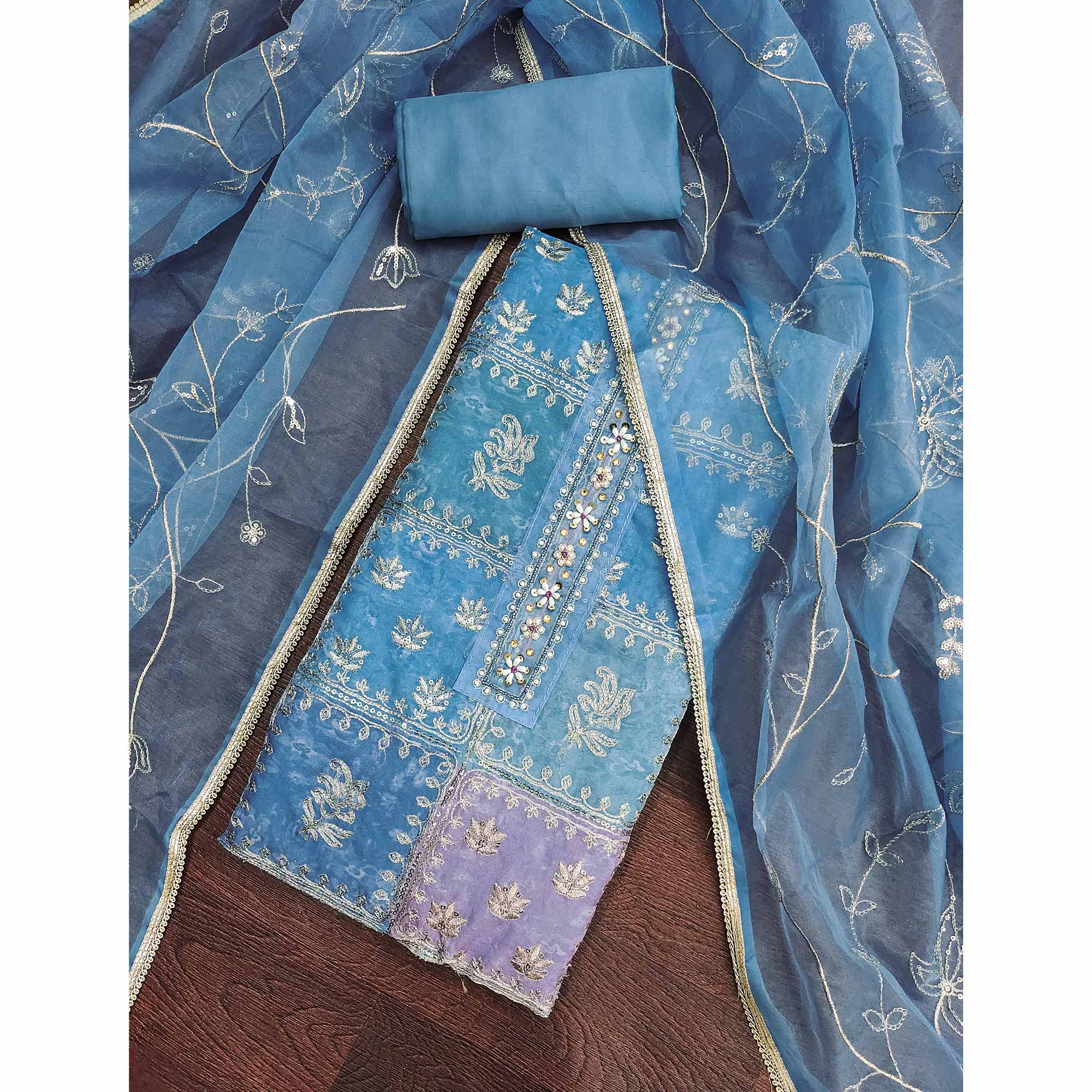 Blue Organza Dress Material With Floral Sequins Embroidery & Delicate Moti Handwork