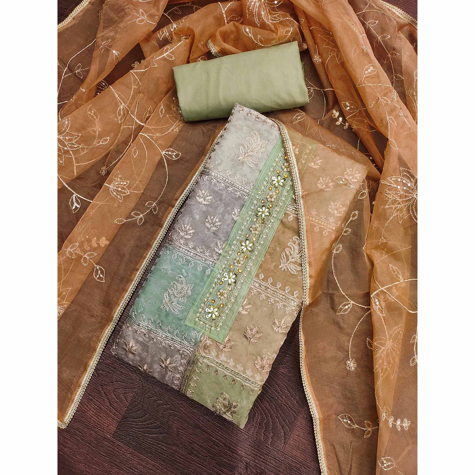 Green Organza Dress Material With Floral Sequins Embroidery & Delicate Moti Handwork