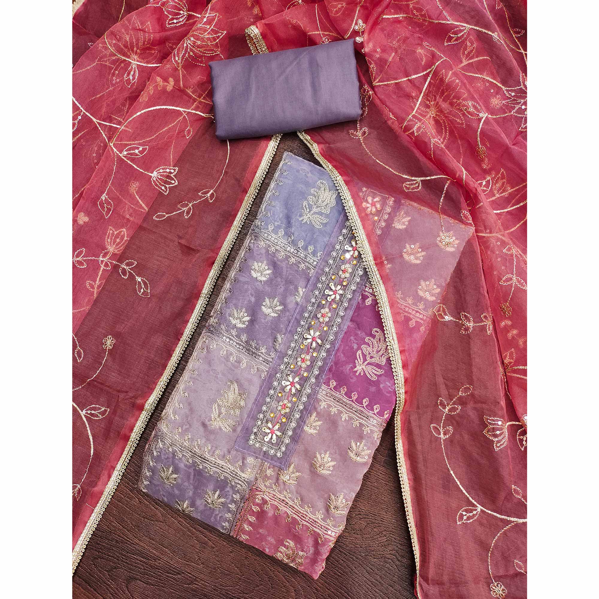 Purple Organza Dress Material With Floral Sequins Embroidery & Delicate Moti Handwork