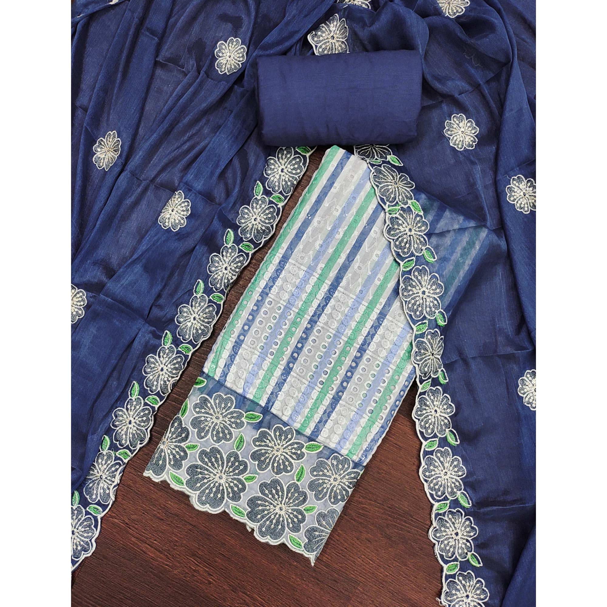 Soft and Comfortable Blue Pure Cambric Cotton Dress Fabric with Fine Floral Embroidery