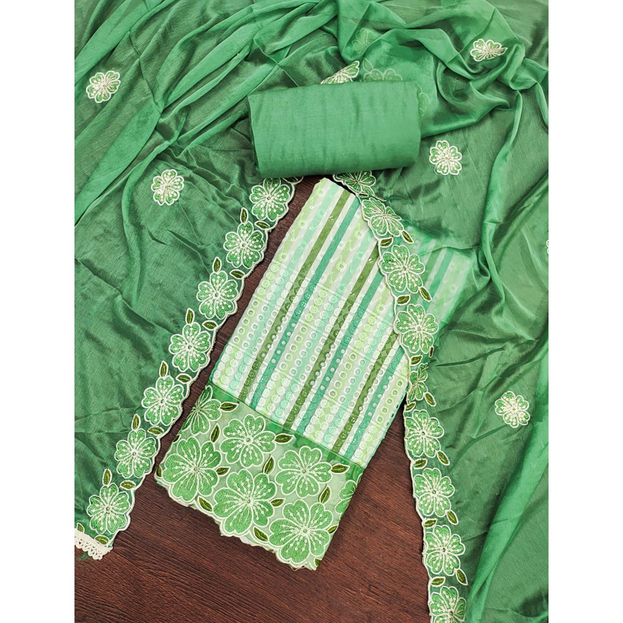 Soft and Comfortable Green Pure Cambric Cotton Dress Fabric with Fine Floral Embroidery