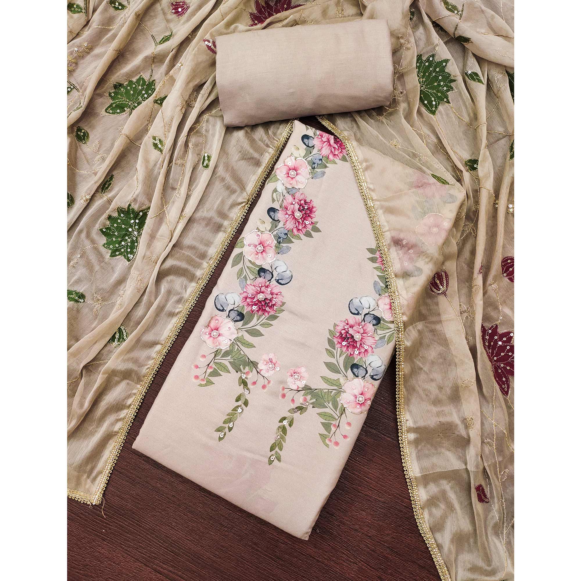 Beige Rayon Fabric with Floral Print Dress Material