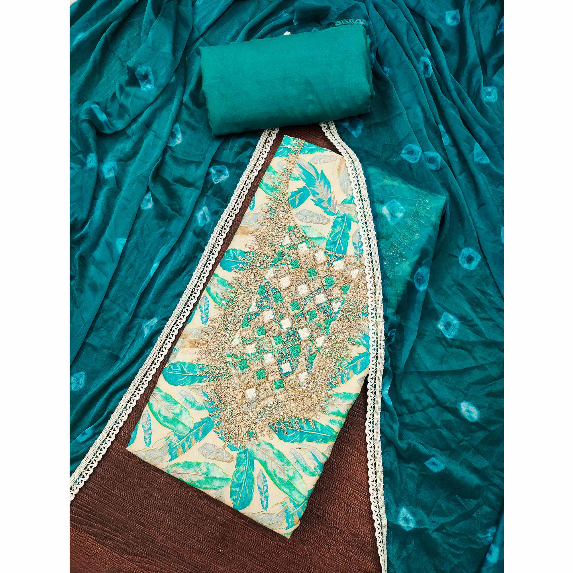 Off White & Teal Floral Printed Pure Cotton Unstitched Dress Material