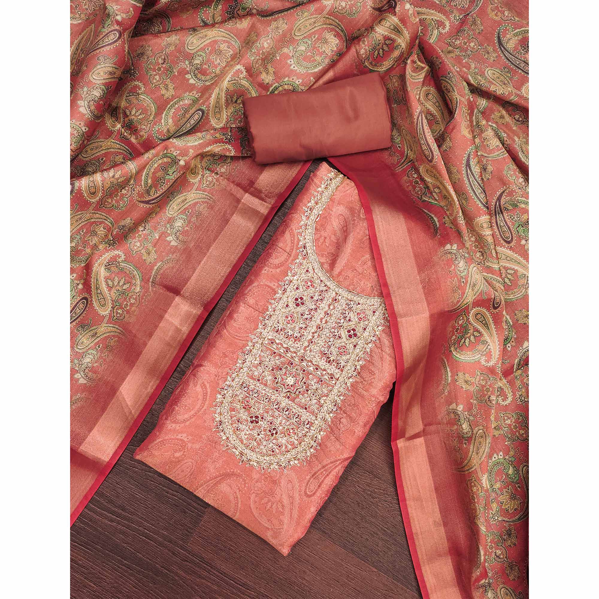 Festive Rust Printed Shimmer Cotton Silk Unstitched Dress Material with Decorative Thread Work
