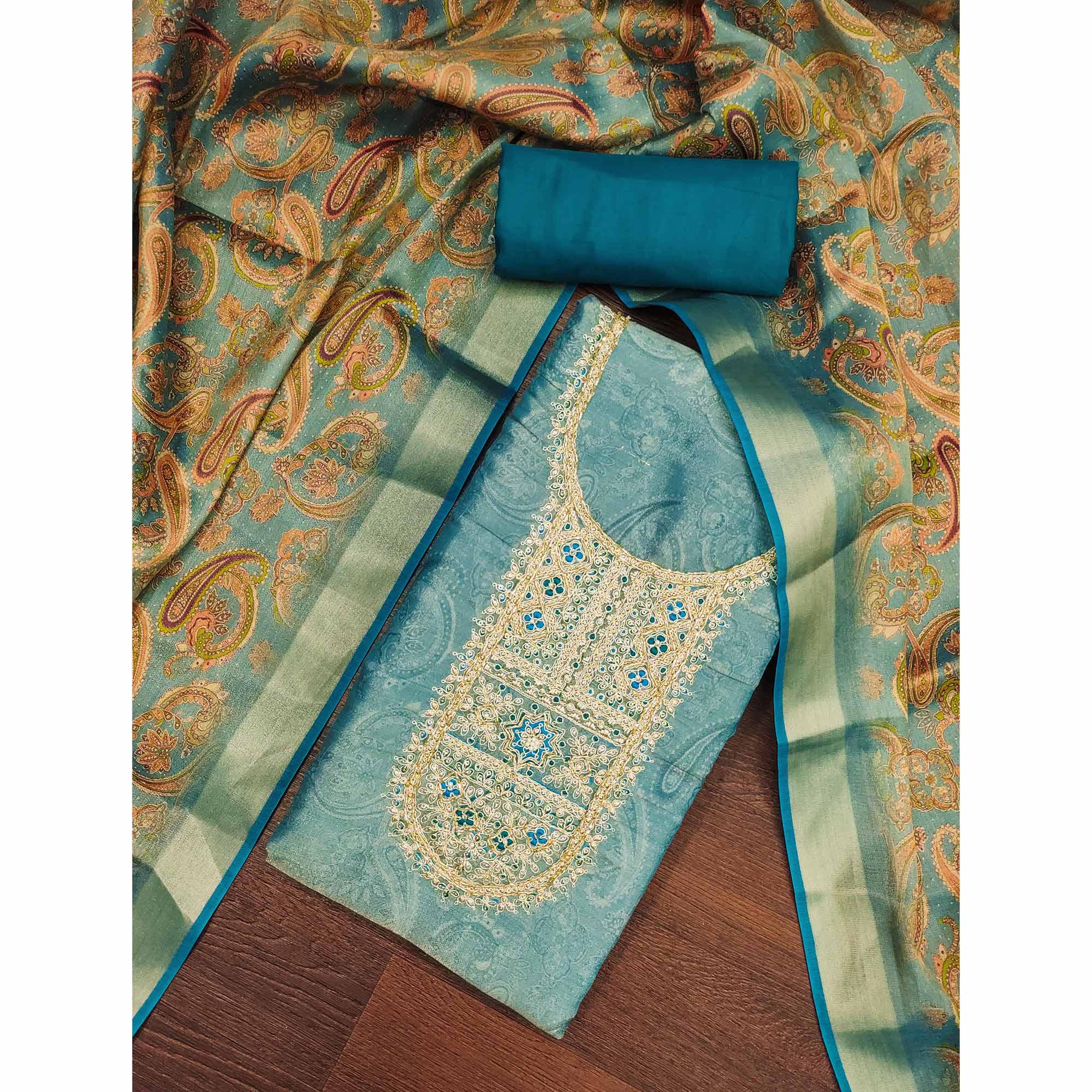 Festive Teal Printed Shimmer Cotton Silk Unstitched Dress Material with Decorative Thread Work