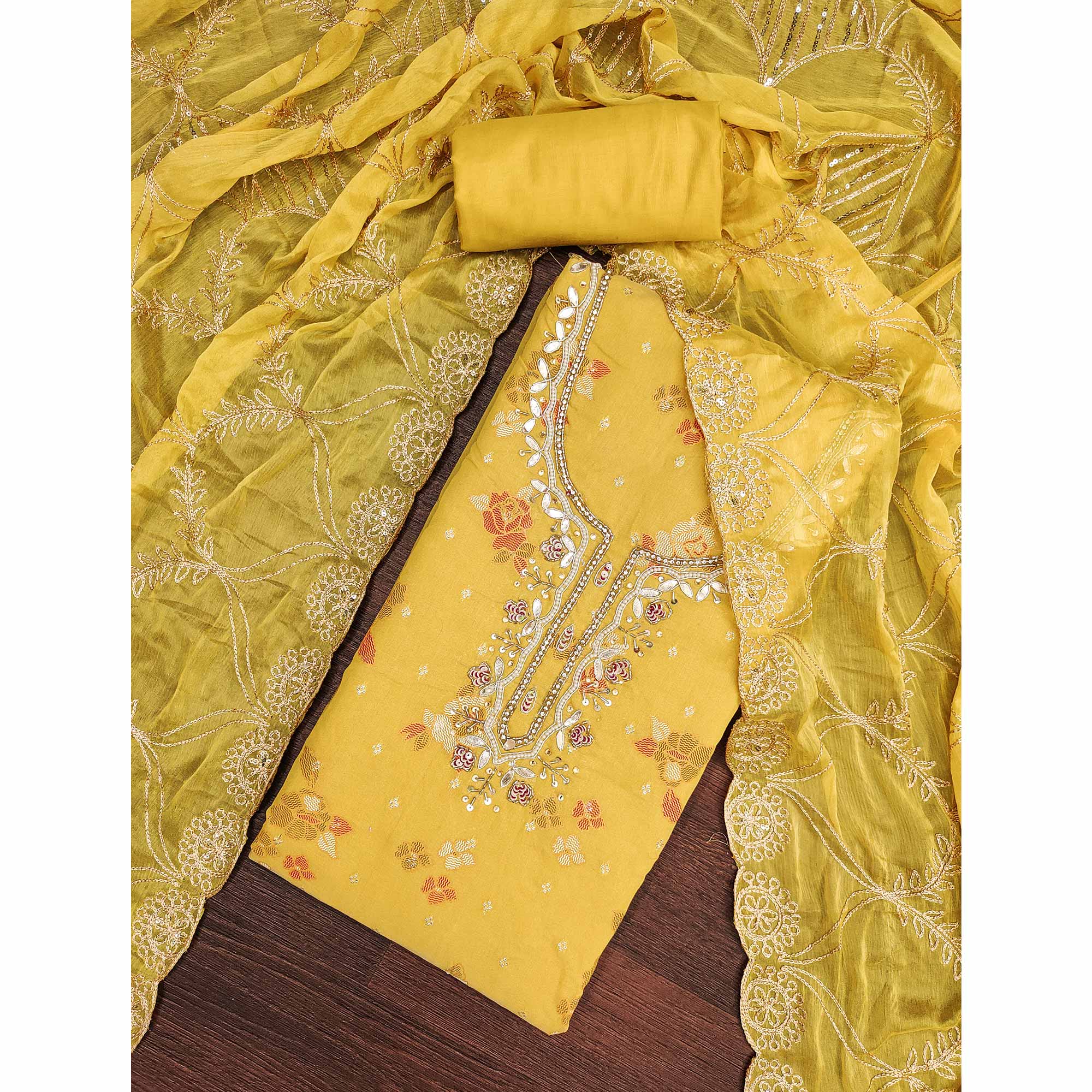 Mustard Unstitched Dress Material in Shimmer Cotton Silk with Delicate Thread Work Embroidery