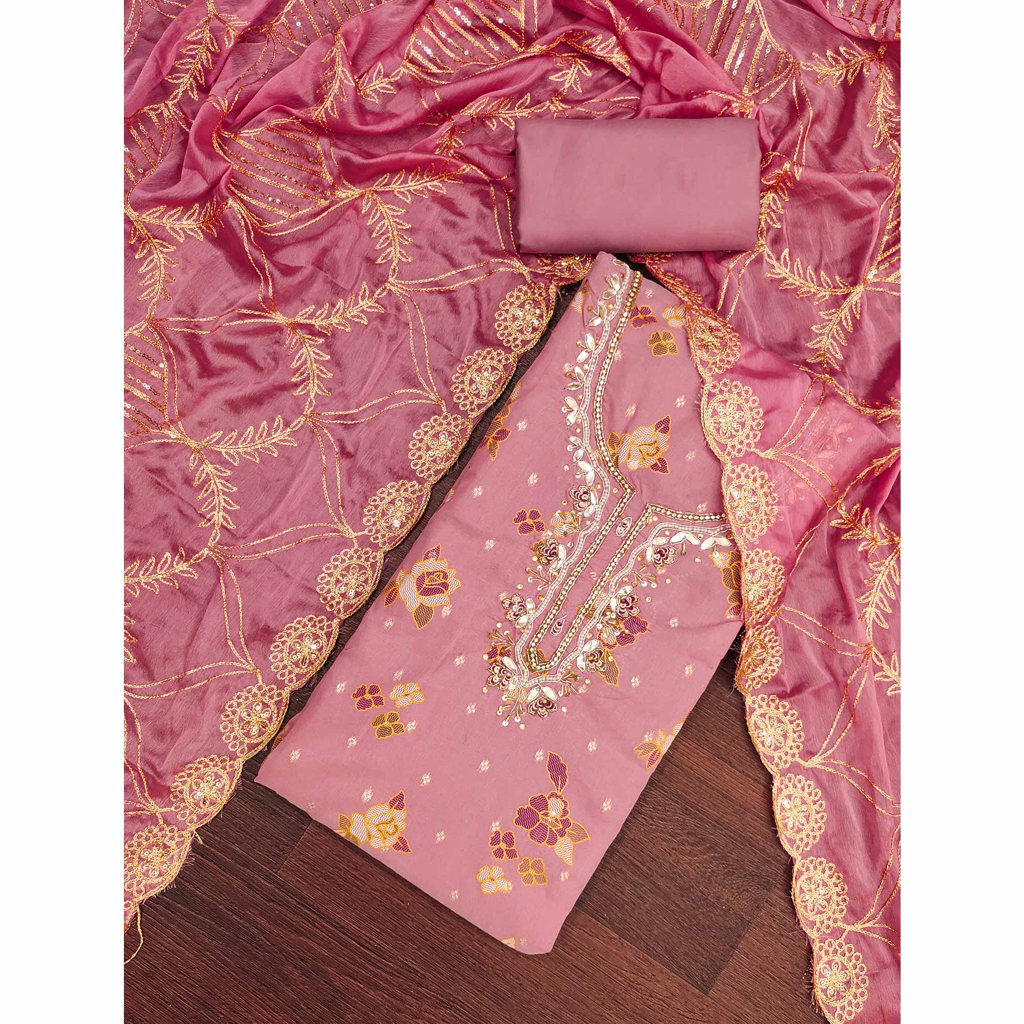 Pink Unstitched Dress Material in Shimmer Cotton Silk with Delicate Thread Work Embroidery