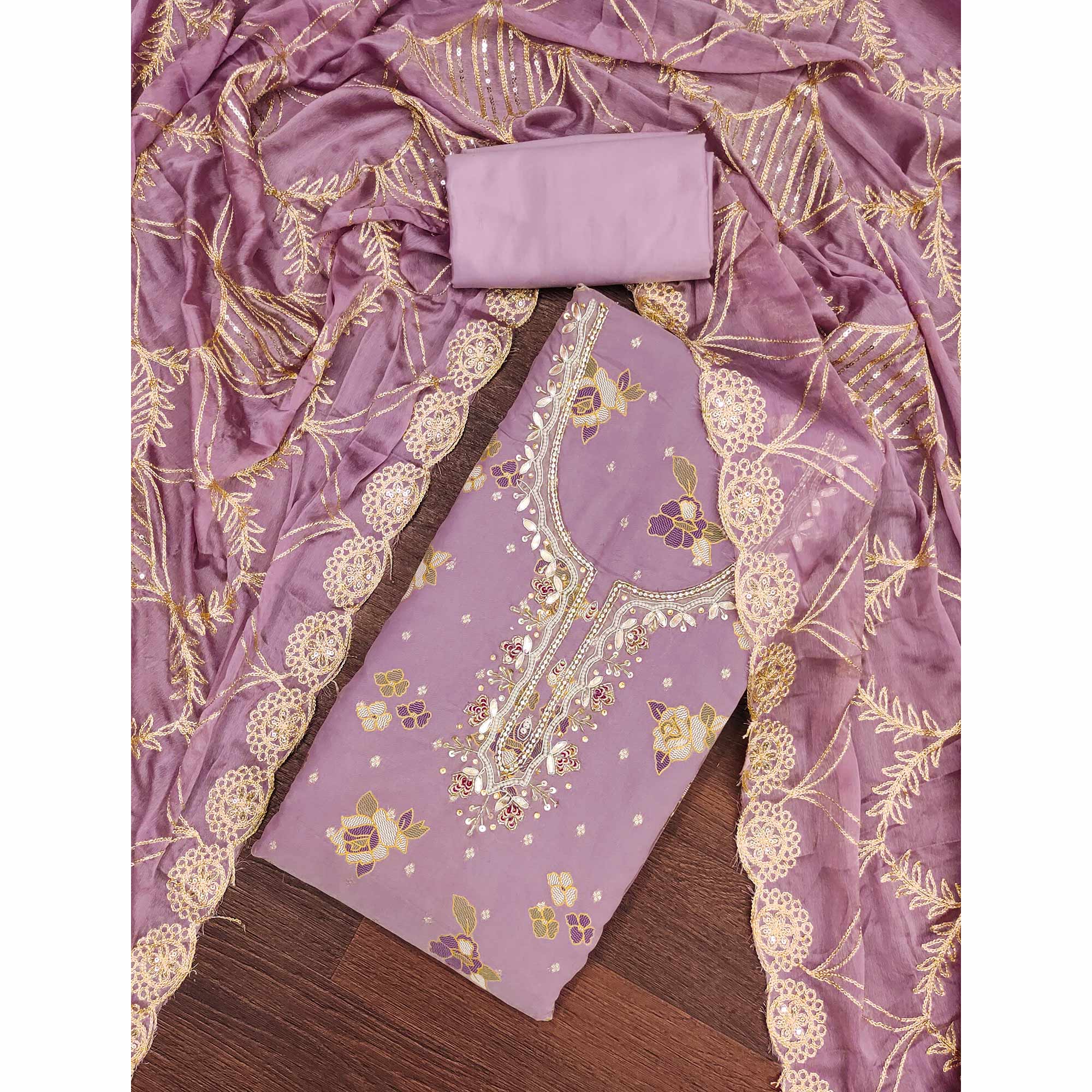 Purple Unstitched Dress Material in Shimmer Cotton Silk with Delicate Thread Work Embroidery