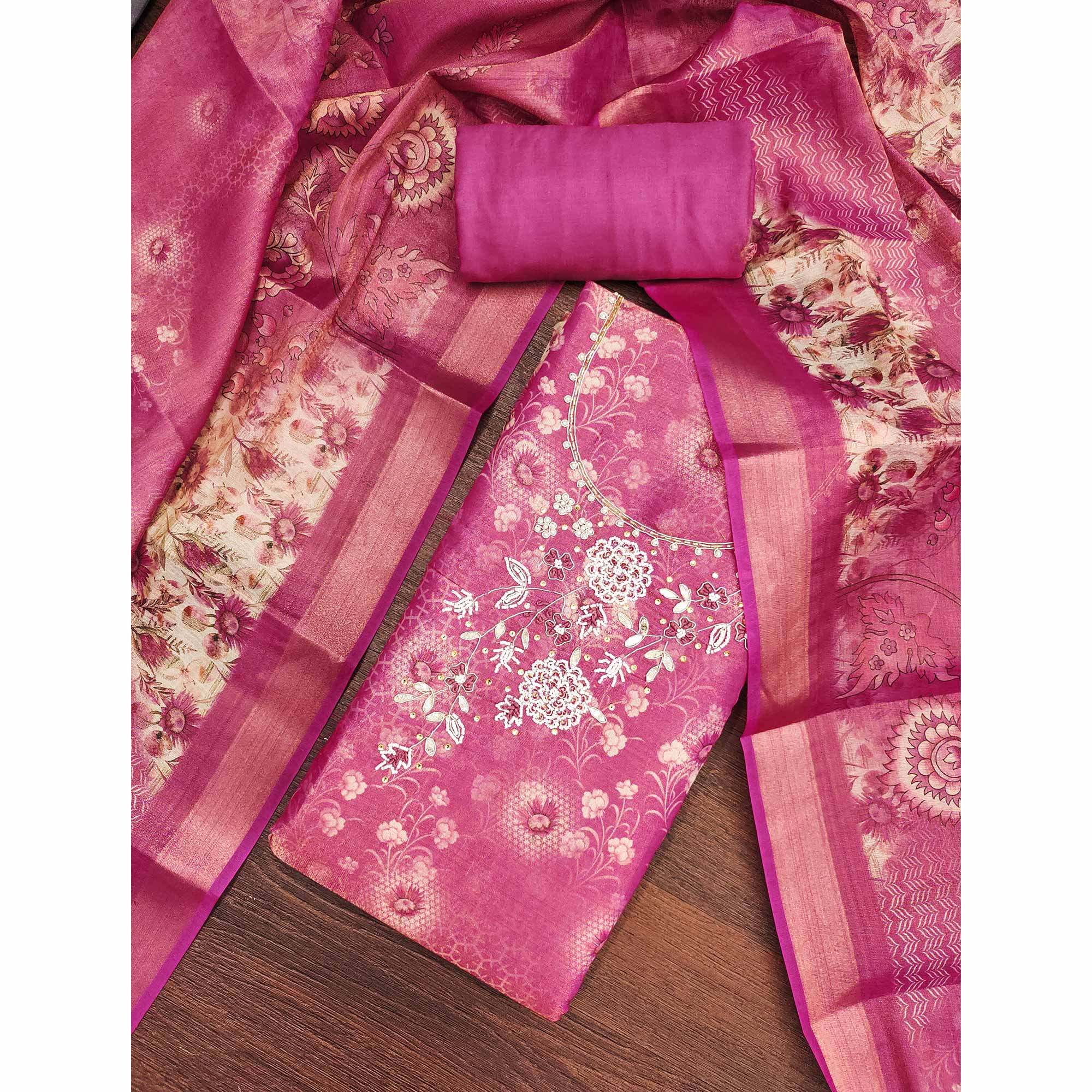 Pink Shimmer Cotton Silk Suit Fabric with Printed Motifs and Thread Embroidery