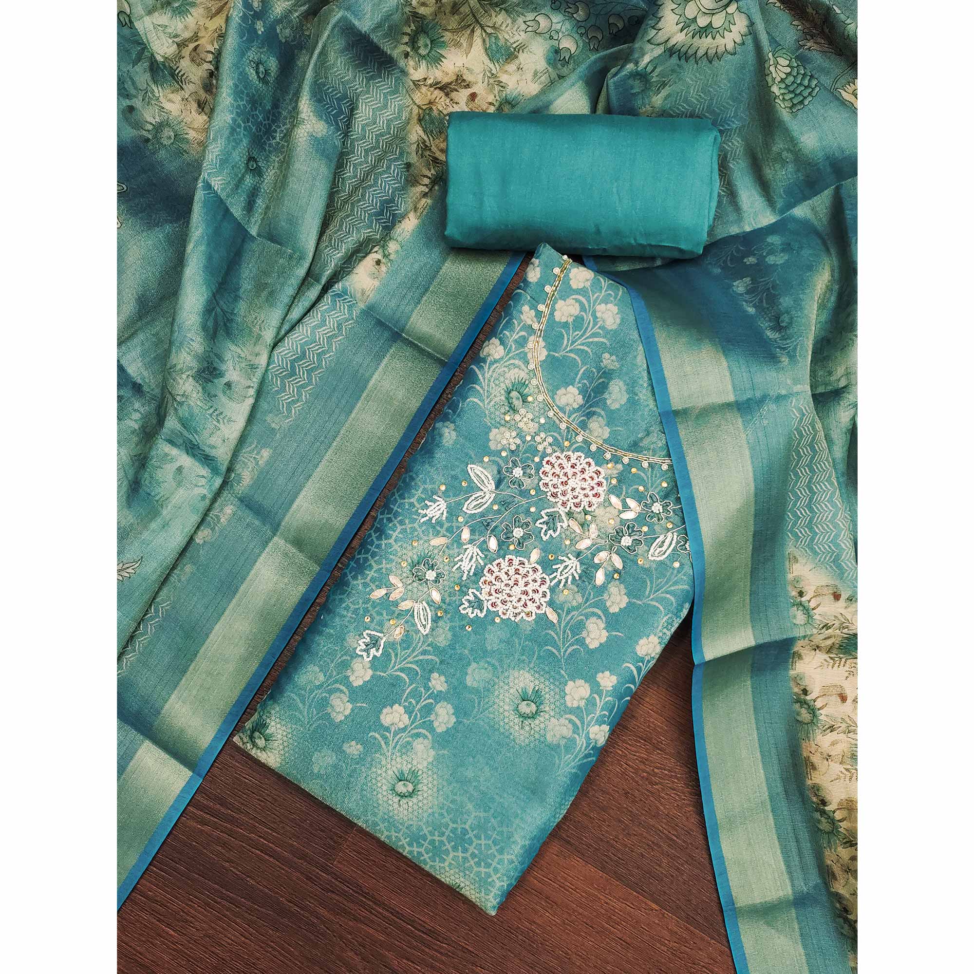 Rama Green Shimmer Cotton Silk Suit Fabric with Printed Motifs and Thread Embroidery