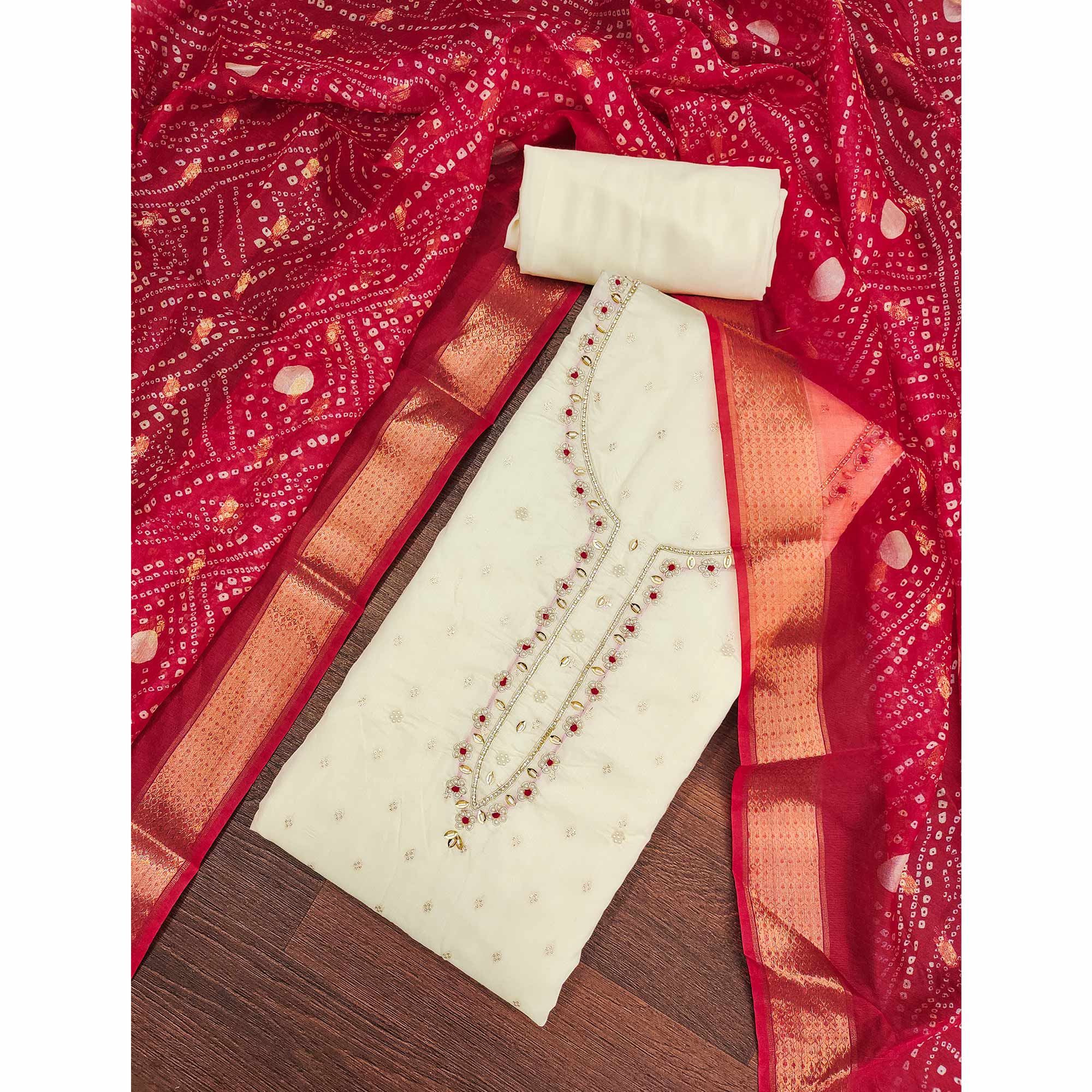 Cream Woven Banarasi Cotton Silk Dress Material with Artistic Bead Work and Classic Texture