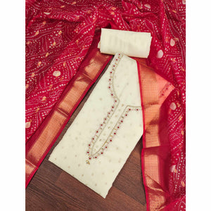 Cream Woven Banarasi Cotton Silk Dress Material with Artistic Bead Work and Classic Texture