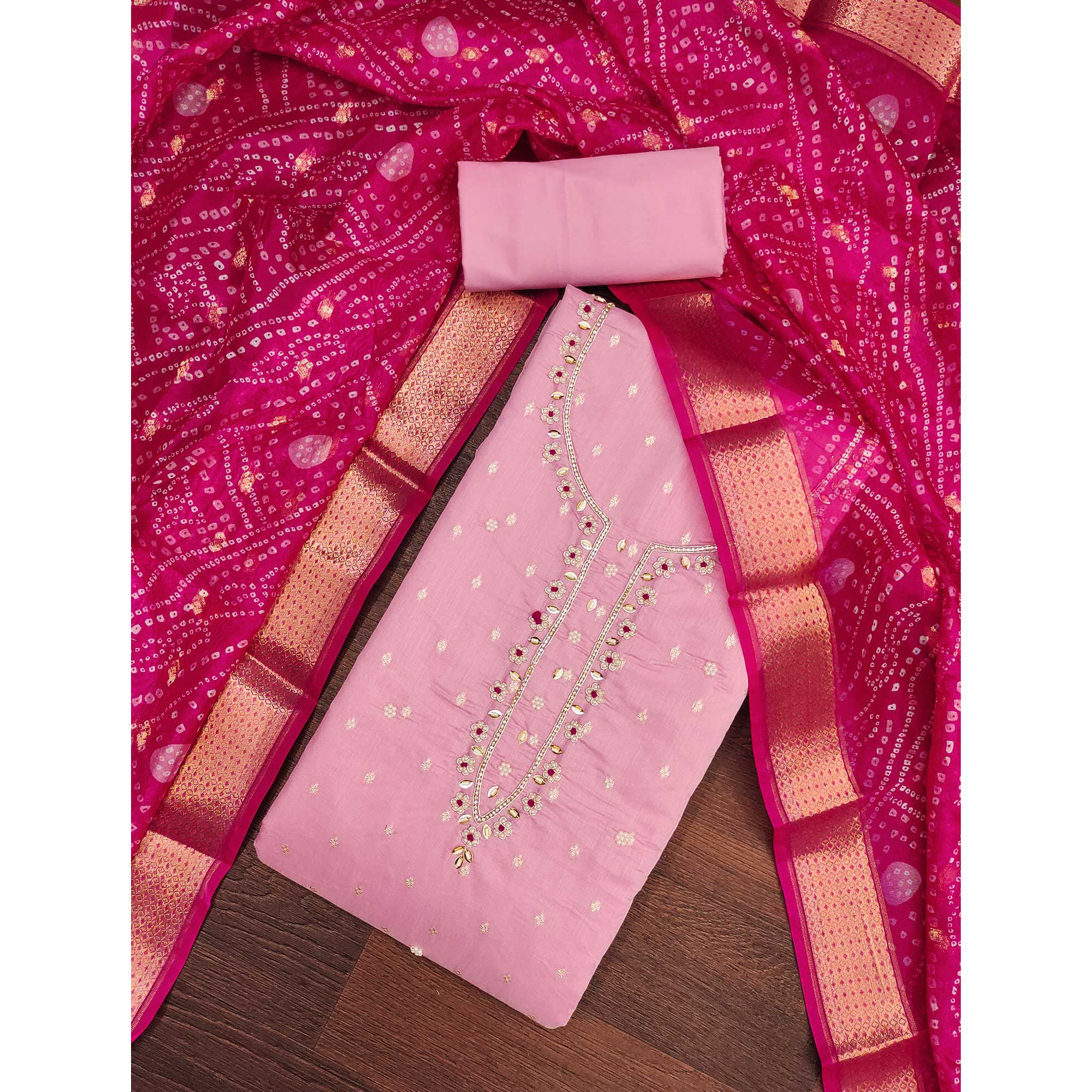 Pink Woven Banarasi Cotton Silk Dress Material with Artistic Bead Work and Classic Texture