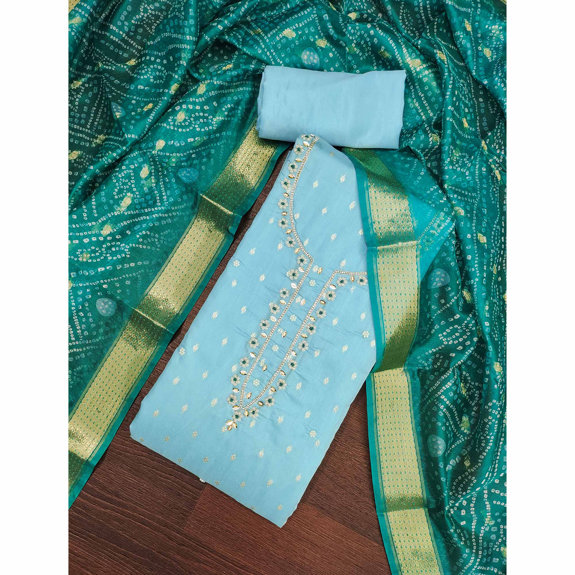 Sky Blue Woven Banarasi Cotton Silk Dress Material with Artistic Bead Work and Classic Texture
