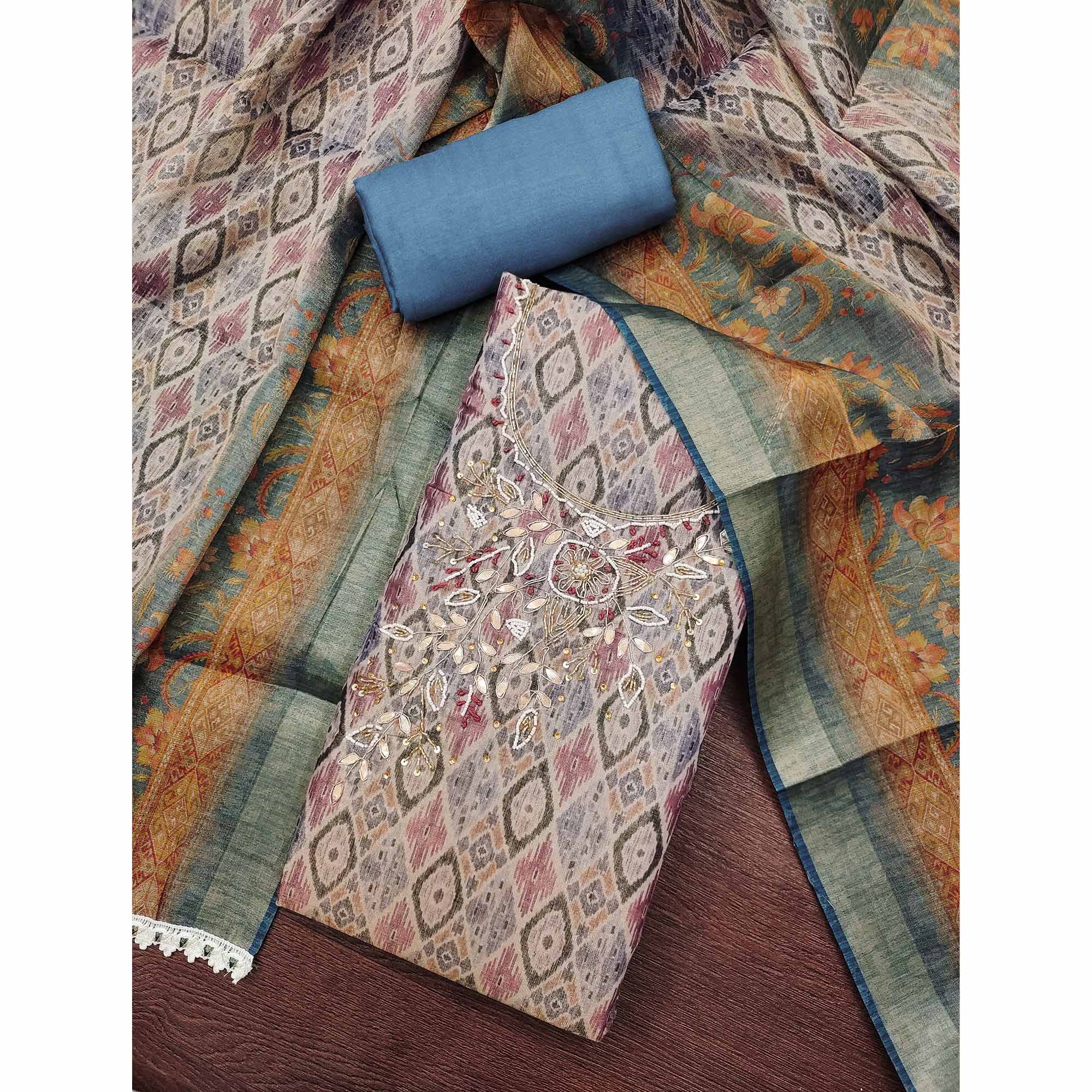 Blue Ikkat Printed Shimmer Cotton Silk Unstitched Dress Material with Elegant Beads Work