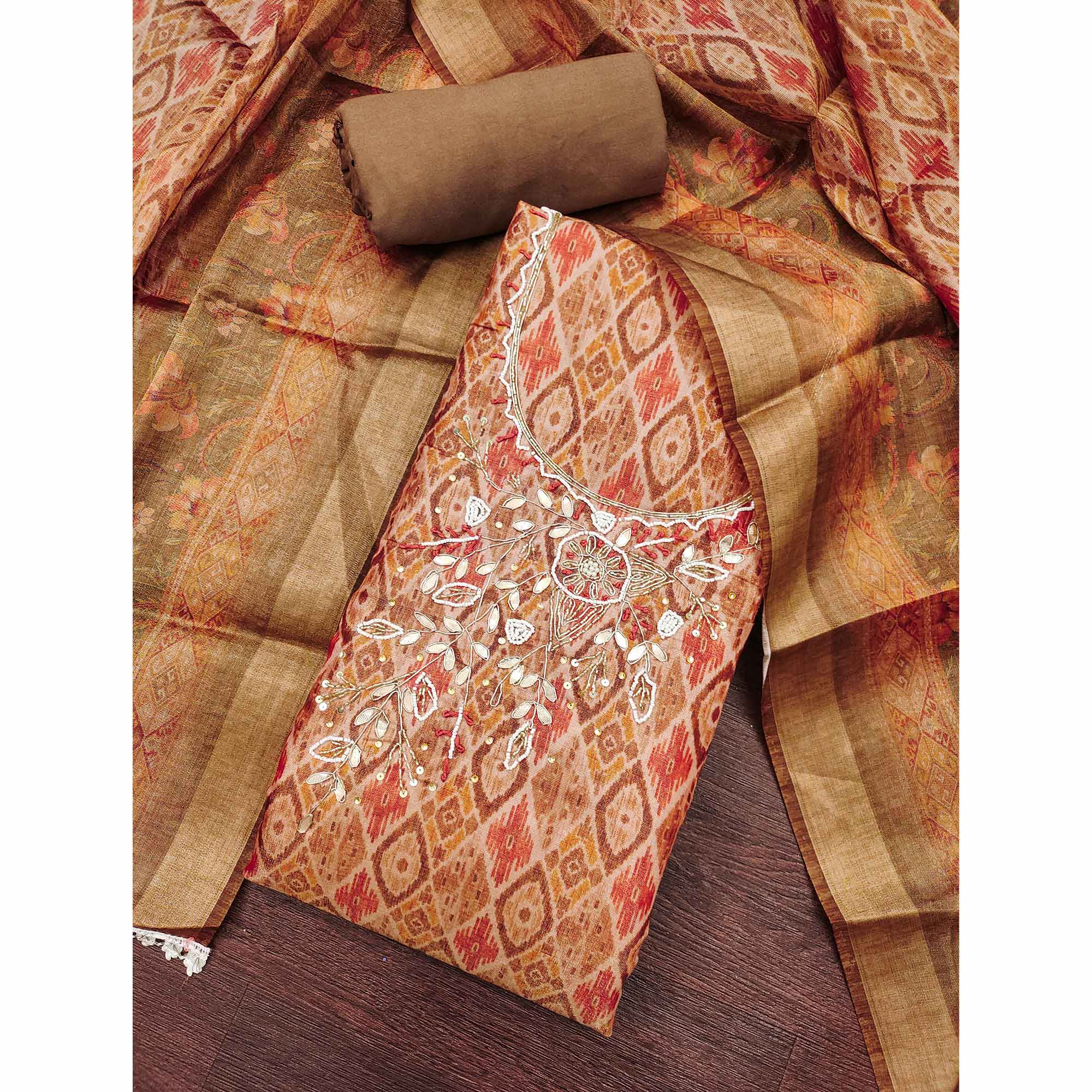 Brown Ikkat Printed Shimmer Cotton Silk Unstitched Dress Material with Elegant Beads Work