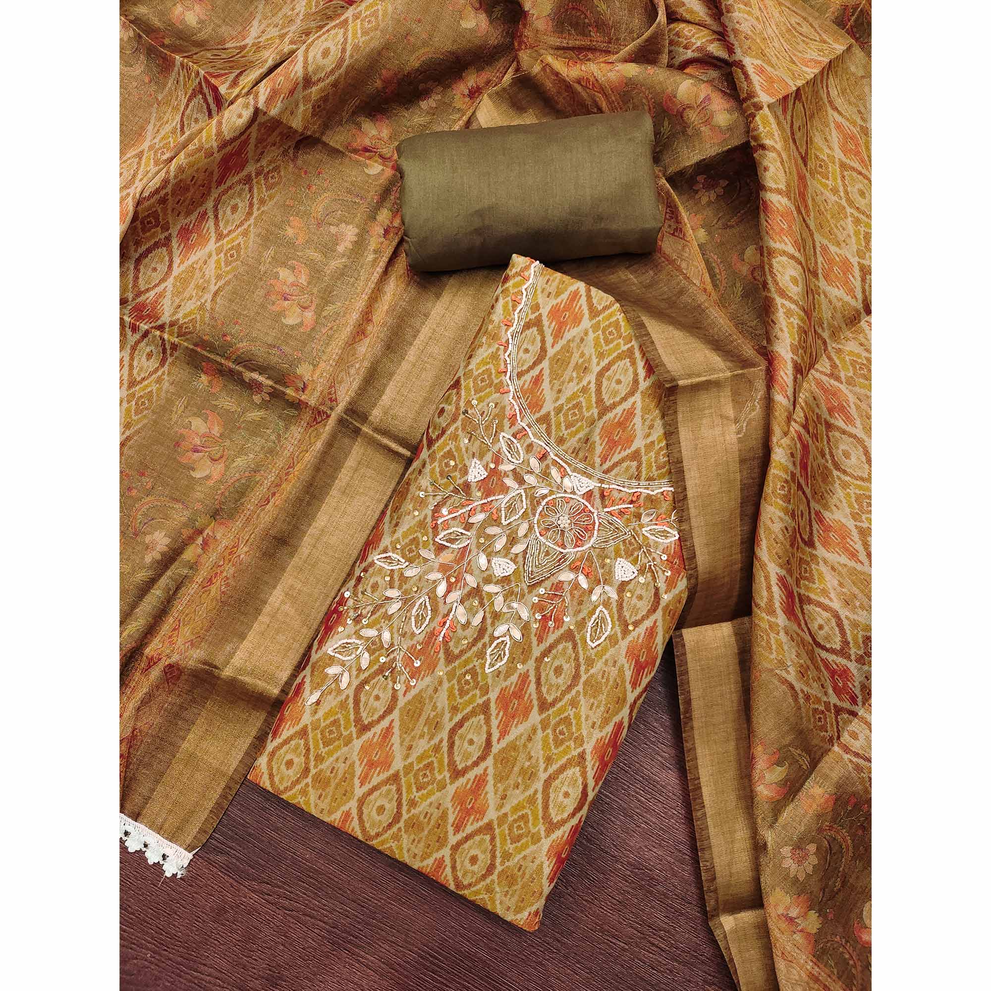 Green Ikkat Printed Shimmer Cotton Silk Unstitched Dress Material with Elegant Beads Work