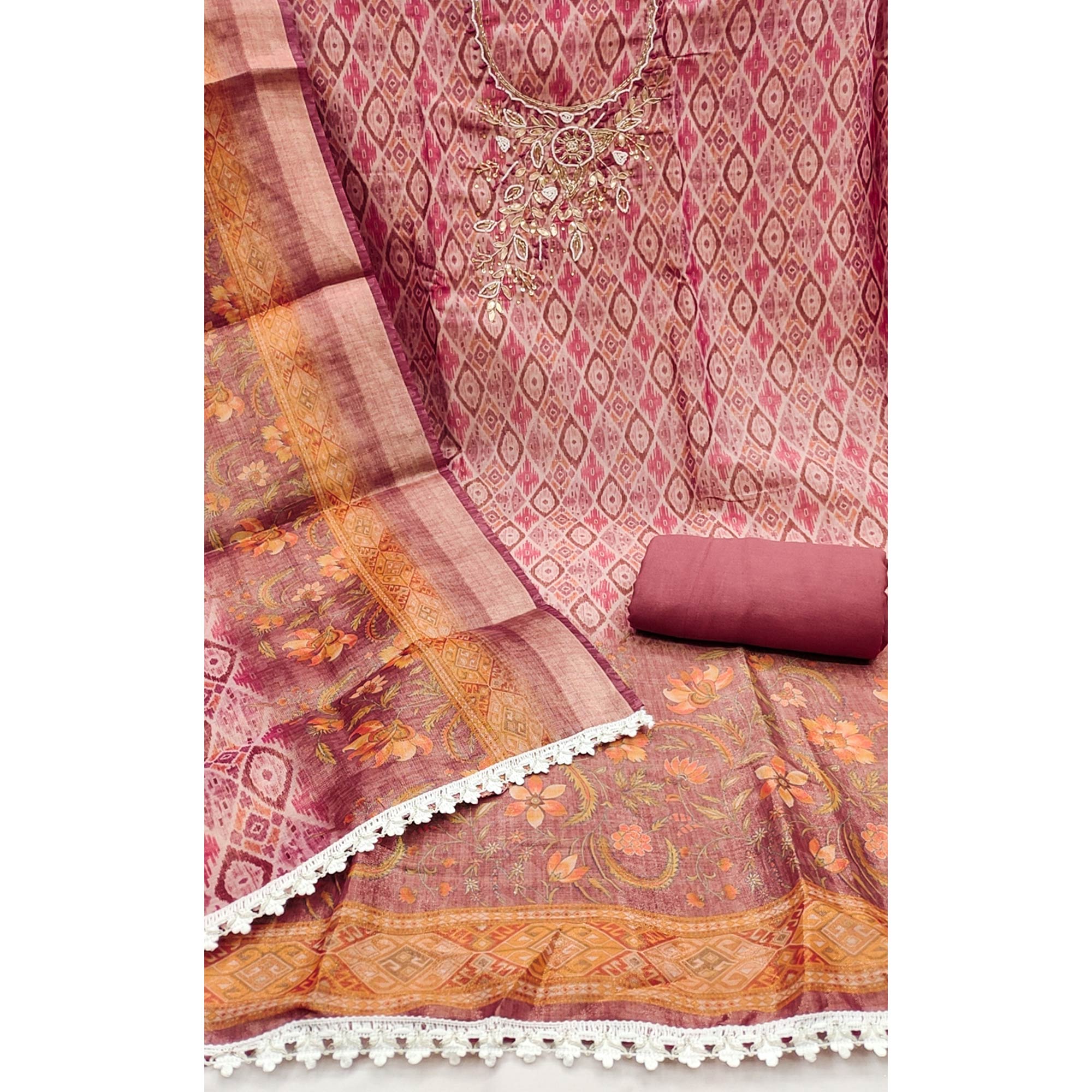 Mauve Ikkat Printed Shimmer Cotton Silk Unstitched Dress Material with Elegant Beads Work