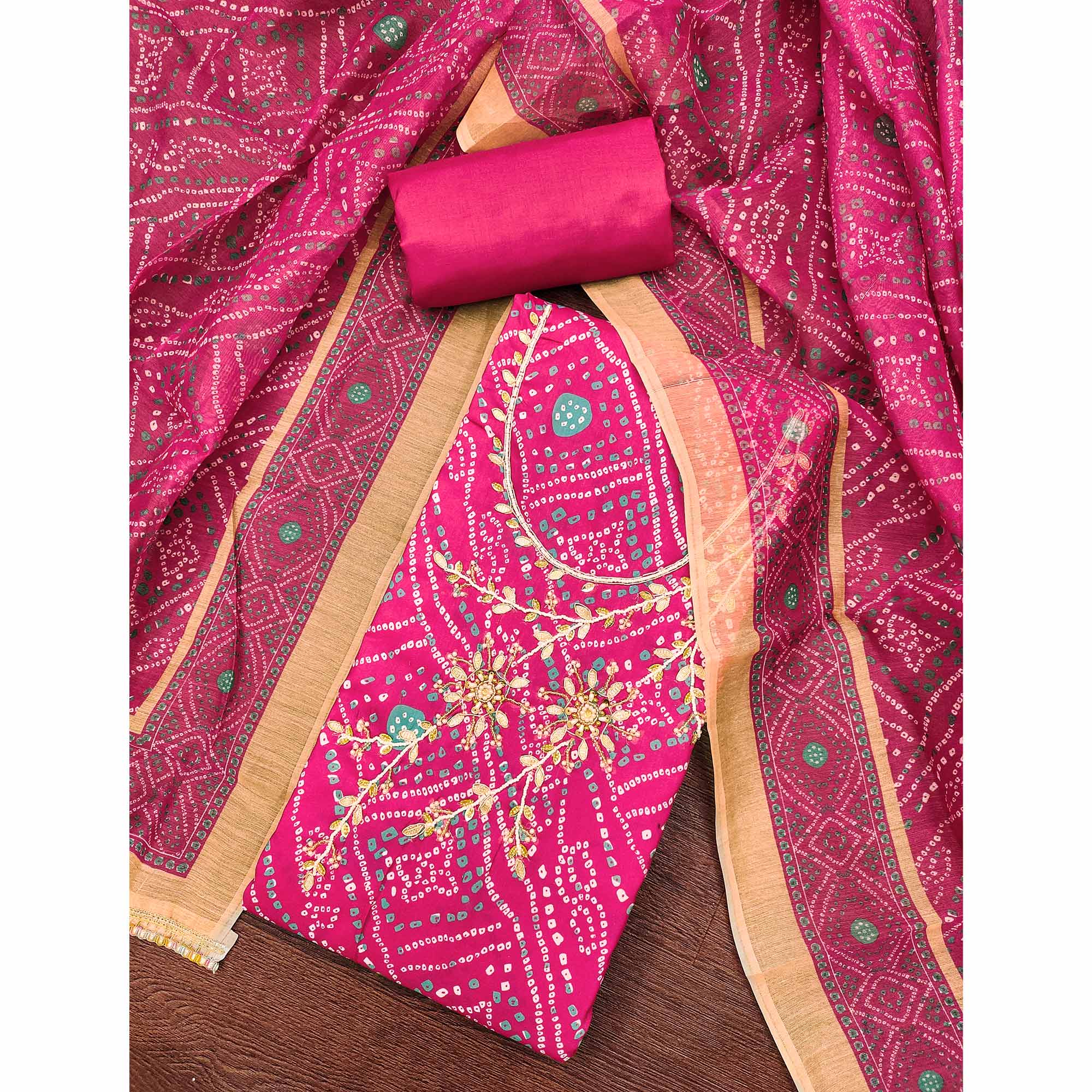 Pink Bandhani Print Unstitched Dress Material with Beautiful Gotta Patti Work for Festive Wear