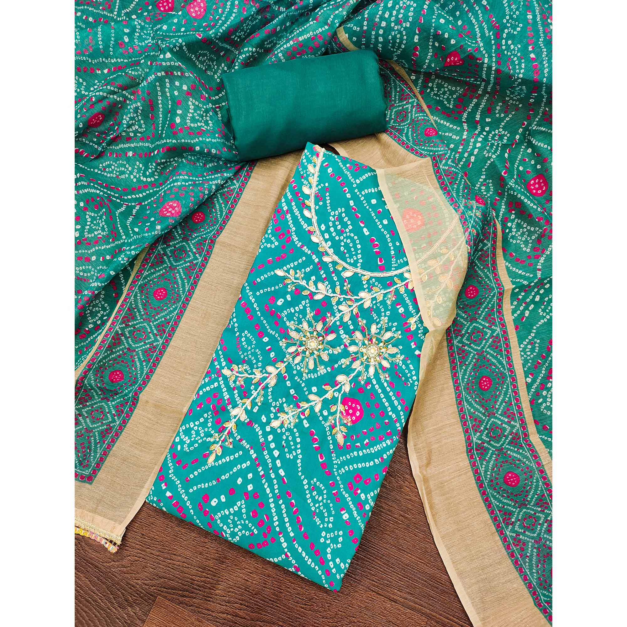 Rama Green Bandhani Print Unstitched Dress Material with Beautiful Gotta Patti Work for Festive Wear