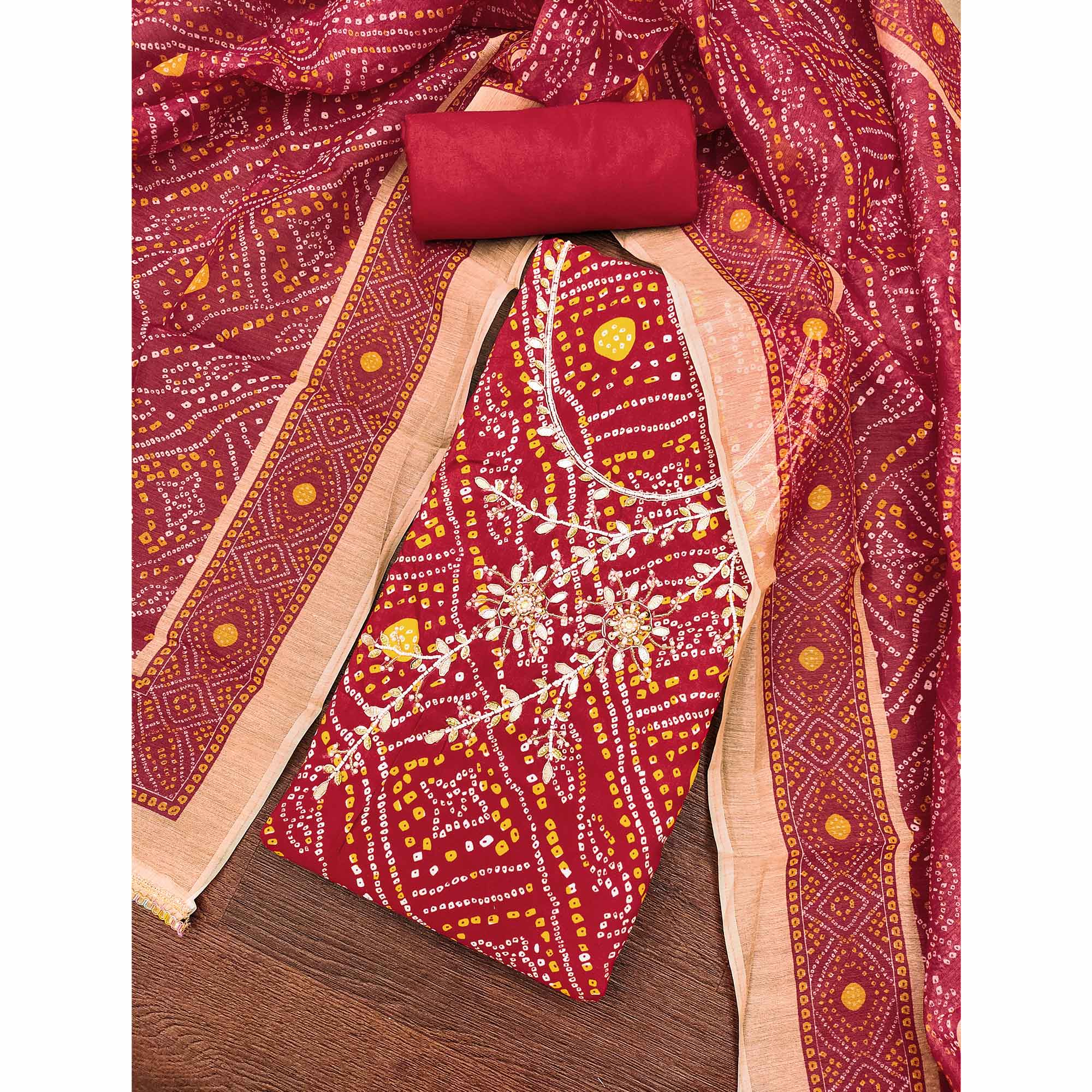 Red Bandhani Print Unstitched Dress Material with Beautiful Gotta Patti Work for Festive Wear