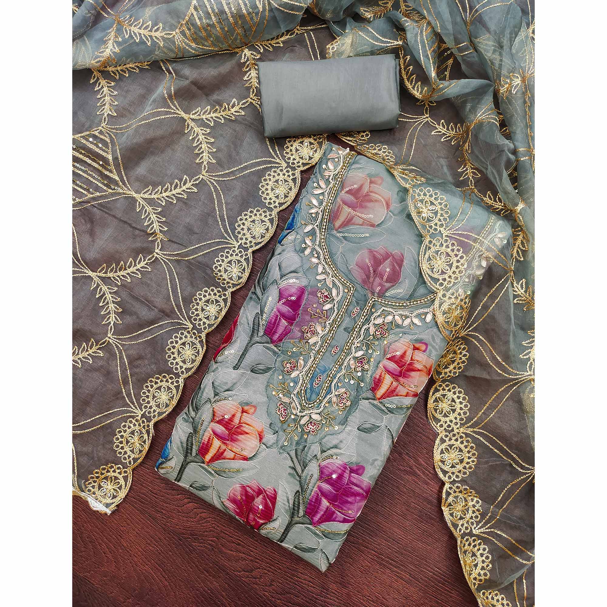 Grey Floral Printed Organza Suit Fabric Adorned with Delicate Hand Beads Work