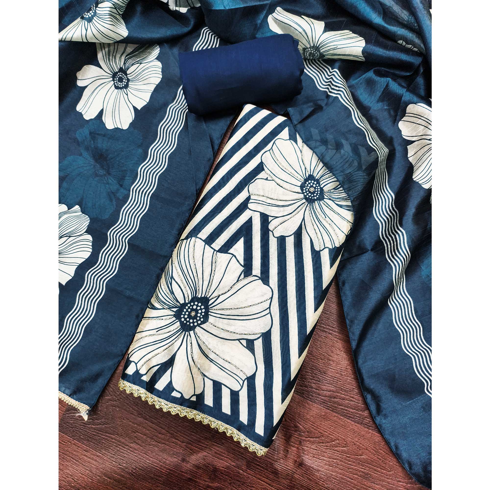 Blue Digital Printed Cotton Silk Dress Material Featuring Floral & Zig Zag Patterns With Handwork